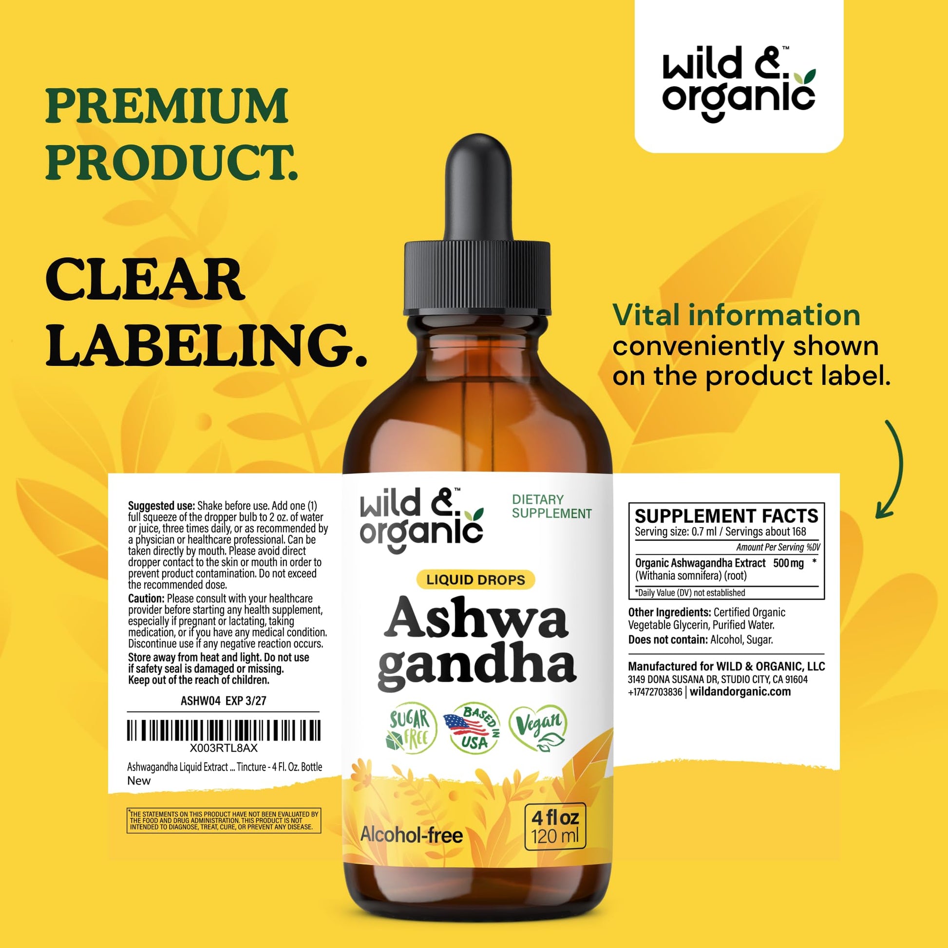 Wild & Organic Ashwagandha Drops - Mood Support & Positive Energy - 500 mg Ashwagandha for Women & Men - Add to Tea Liquid Extract for Relaxation - Non-GMO, Sugar & Alcohol-Free Tincture - 4 fl oz Wild & Organic uk supplements