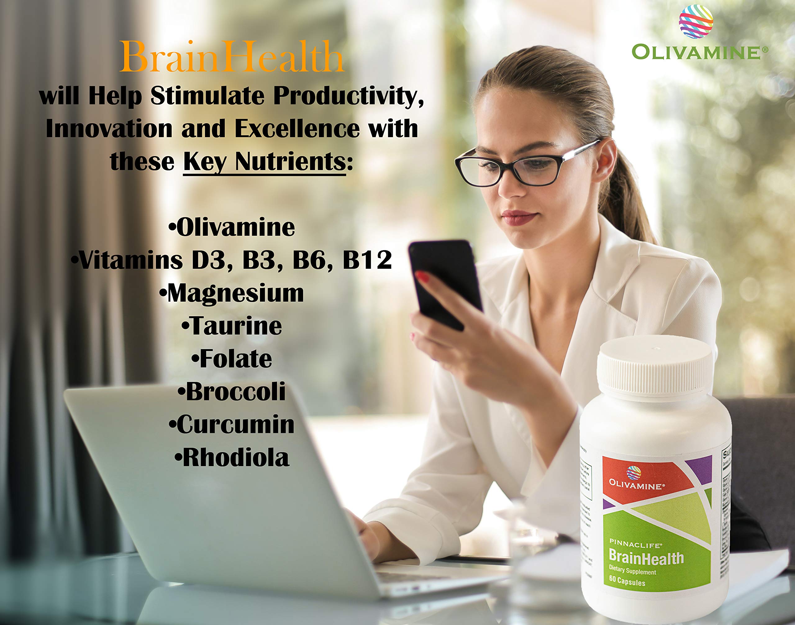 BrainHealth Brain Supplement - Amplify Memory, Increase Focus, Enhance Clarity & Gain Productivity For Men & Women, Olivamine, Vitamin D, Vitamin B6 & B12, Rhodiola Rosea, Magnesium, Taurine Pinnaclife uk supplements