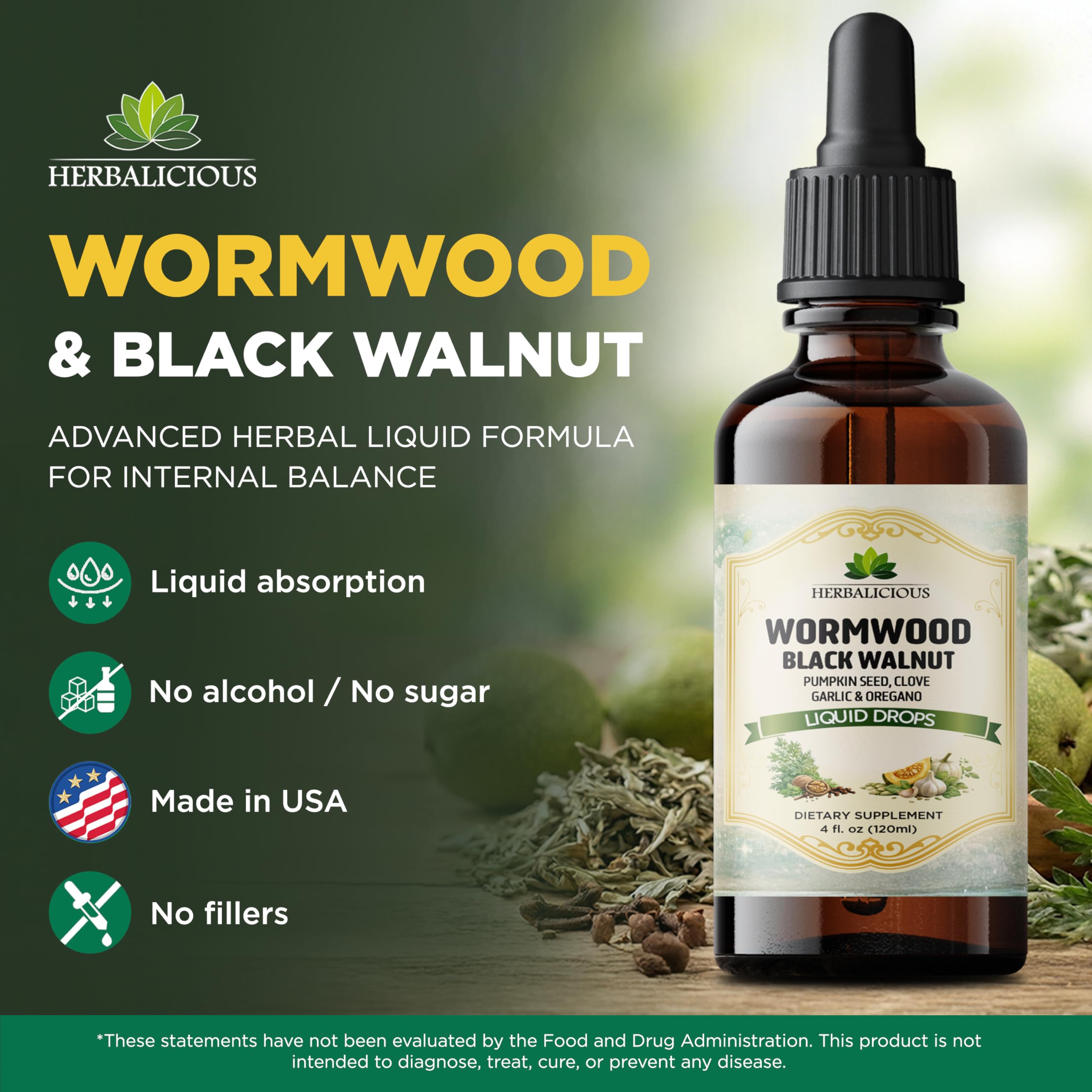 HEBRALICIOUS Wormwood Black Walnut Liquid Drops – Herbal Blend with Pumpkin Seed, Clove, Garlic & Oregano Oil – Alcohol Free Herbal Tincture – Liquid Dietary Supplement, 4 fl oz (120ml) HERBALICIOUS uk supplements