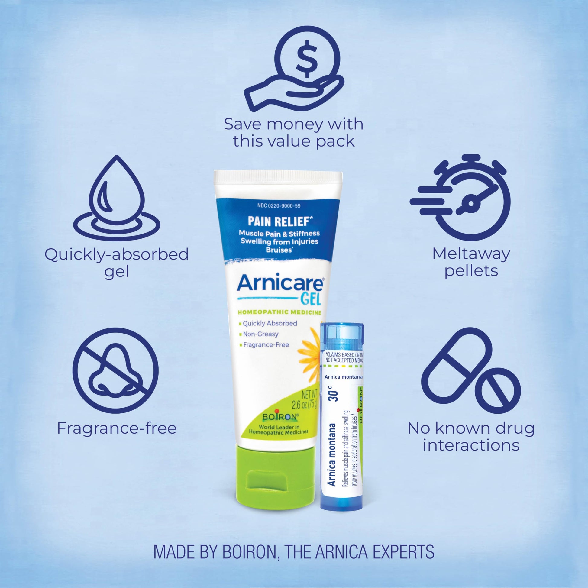 Boiron Arnicare Gel and Arnica 30c Value Pack for Pain Relief, Muscle Soreness, and Swelling from Bruising or Injury - 2.6 oz + 80 Pellet Tube Boiron uk supplements