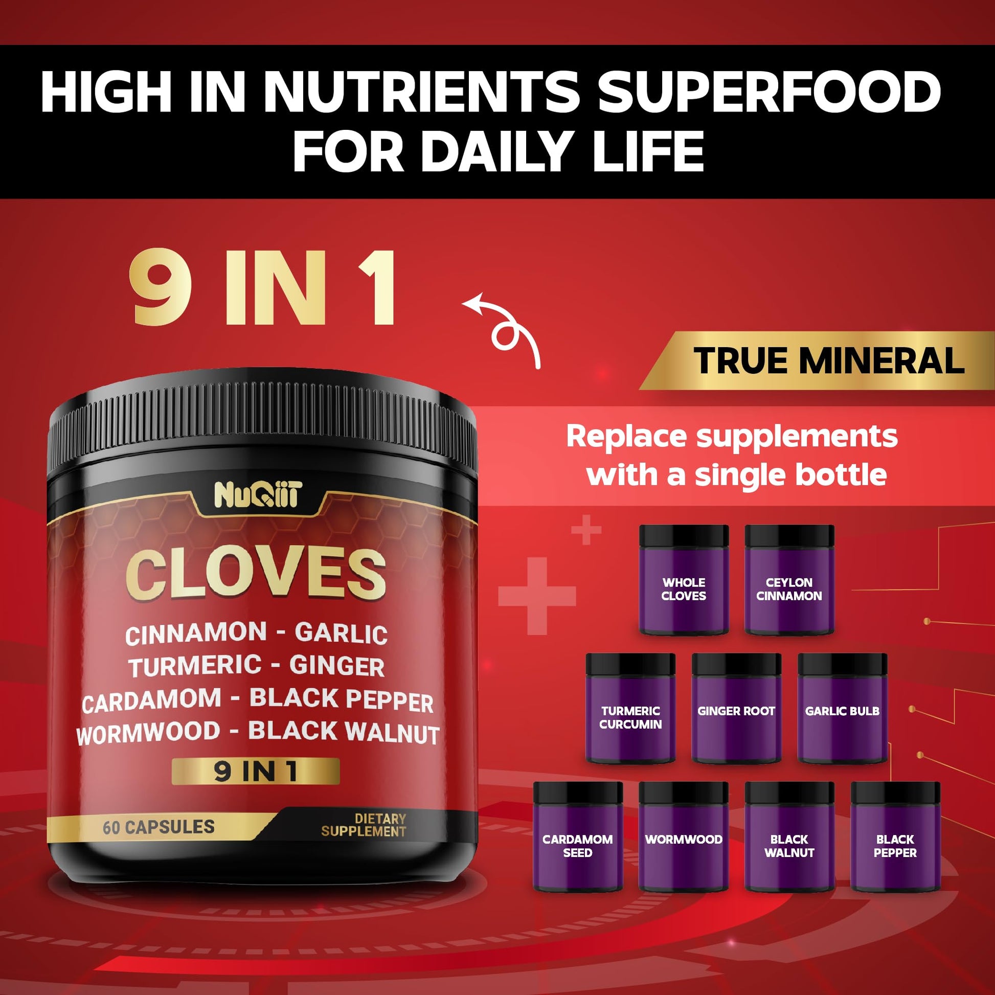 9in1 Clove Supplement Rich in Vitamins & Minerals for Digestive, Immune System, Bone & Heart Health with Cinnamon, Turmeric, Ginger, Cardamom, Garlic, Wormwood, Black Walnut - 60 Capsules - 30 Days NUQIIT uk supplements