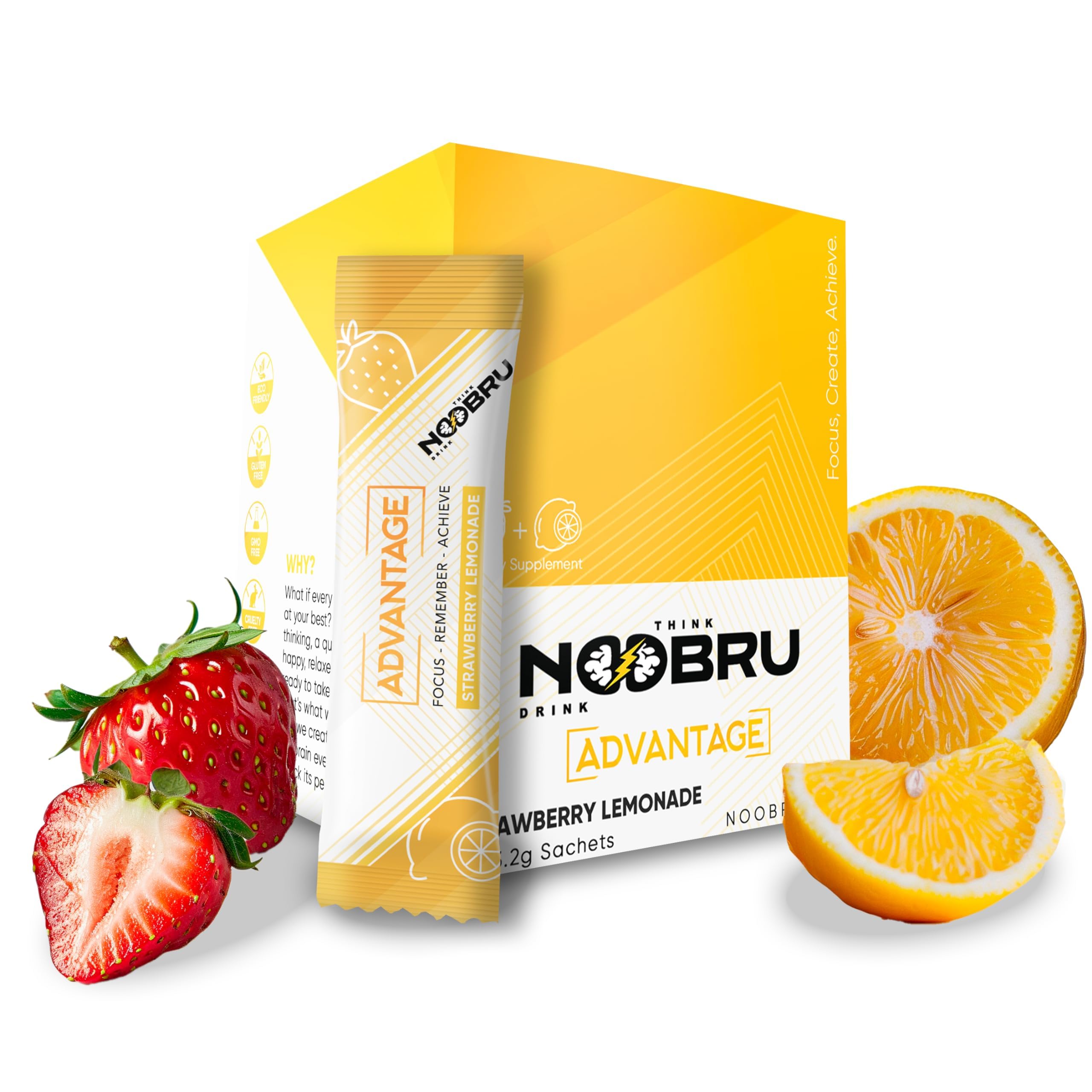 Noobru Аdvantage Nootropic - Delicious Nootropics Brain Supplement with 11 Active Ingredients - Natural Cognitive Enhancer - 20 Strawberry Lemonade Sachets - 1 Month Supply, 20 Count (Pack of 1) Noobru uk supplements