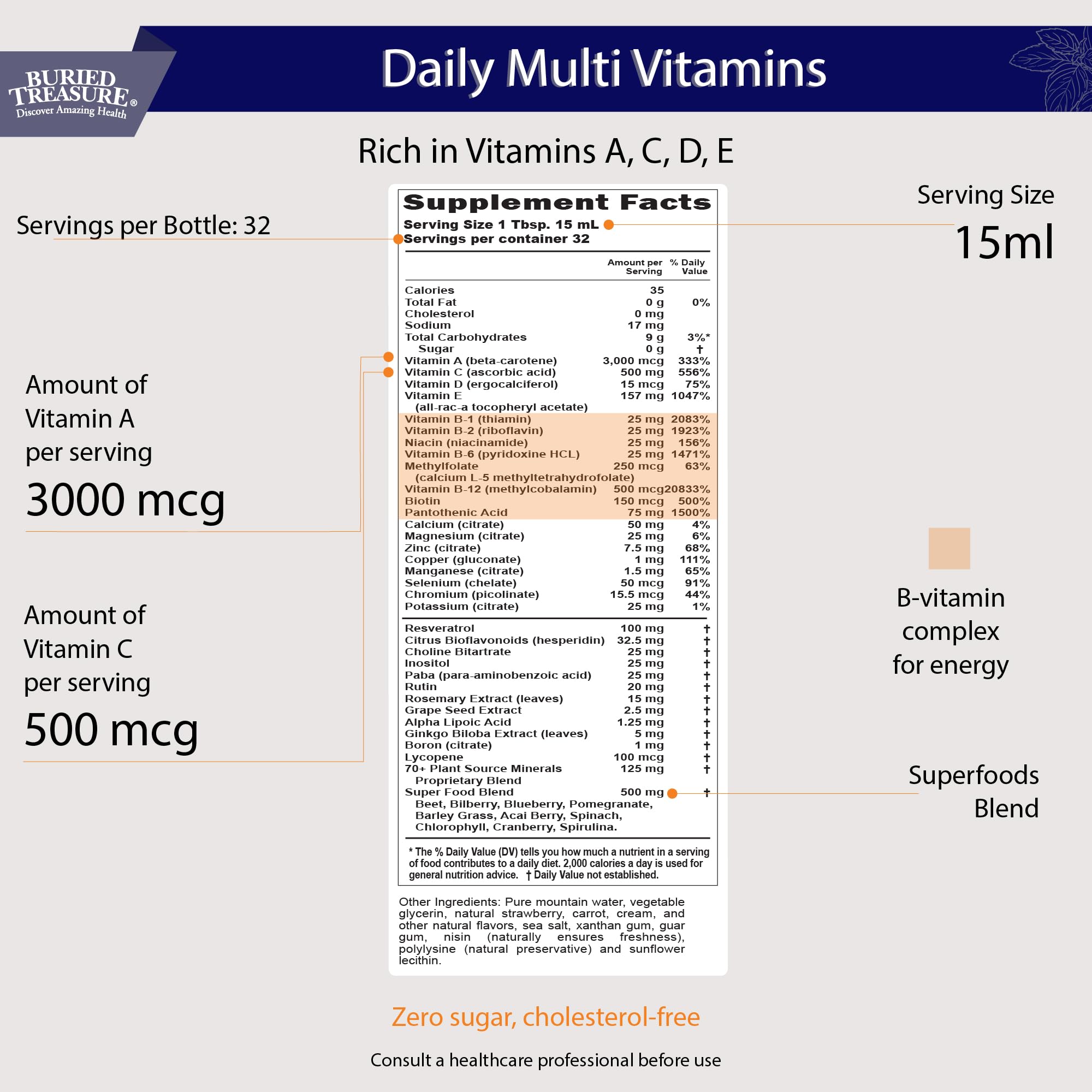 Buried Treasure Daily Nutrition Liquid Multivitamin and Mineral Supplement with Trace Minerals, Superfoods, Vitamin A, B-Complex, C, D, E, Methylfolate, Biotin, Magnesium, Zinc, Resveratrol, 32 serv Buried Treasure uk supplements