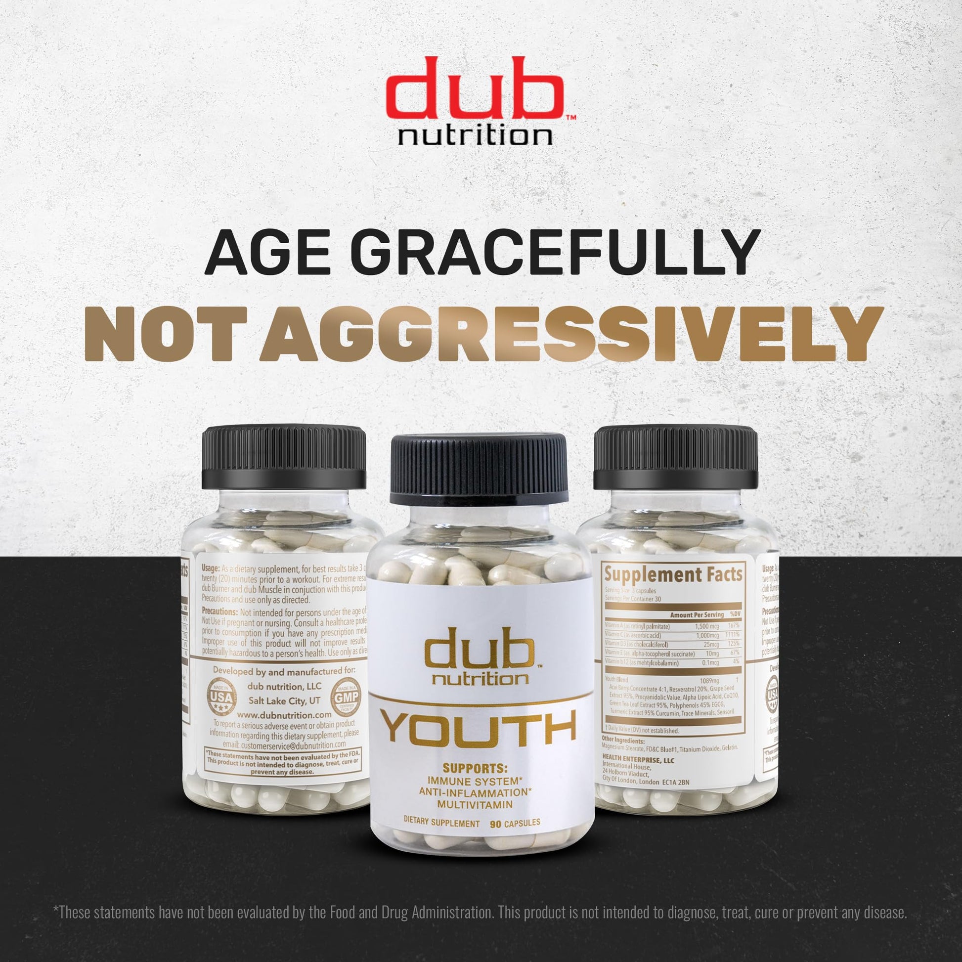 Dub Nutrition Youth - Formula with Acai, Resveratrol, Curcumin, Vitamins A, C, D, E, B12, and CoQ10 - Supports Immunity and Mobility - 90 Capsules Dub Nutrition uk supplements