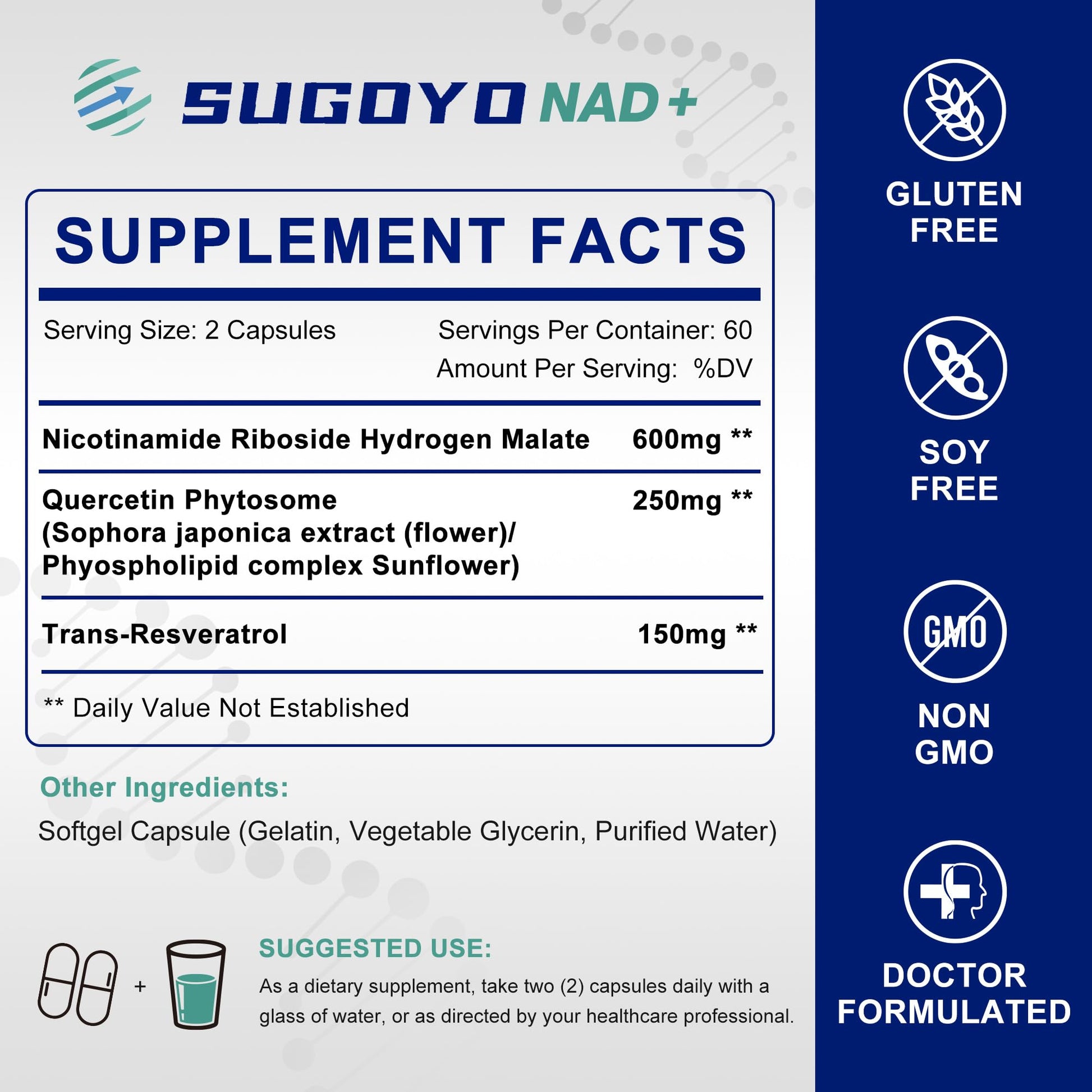 SUGOYO NAD+ Supplement 1000mg Liposomal Nicotinamide Riboside Enhanced with Resveratrol & Quercetin, Anti-Aging & Energy Boost, NMN Alternative, NAD Supplement for Women & Men (60 Count (Pack of 1)) SUGOYO uk supplements