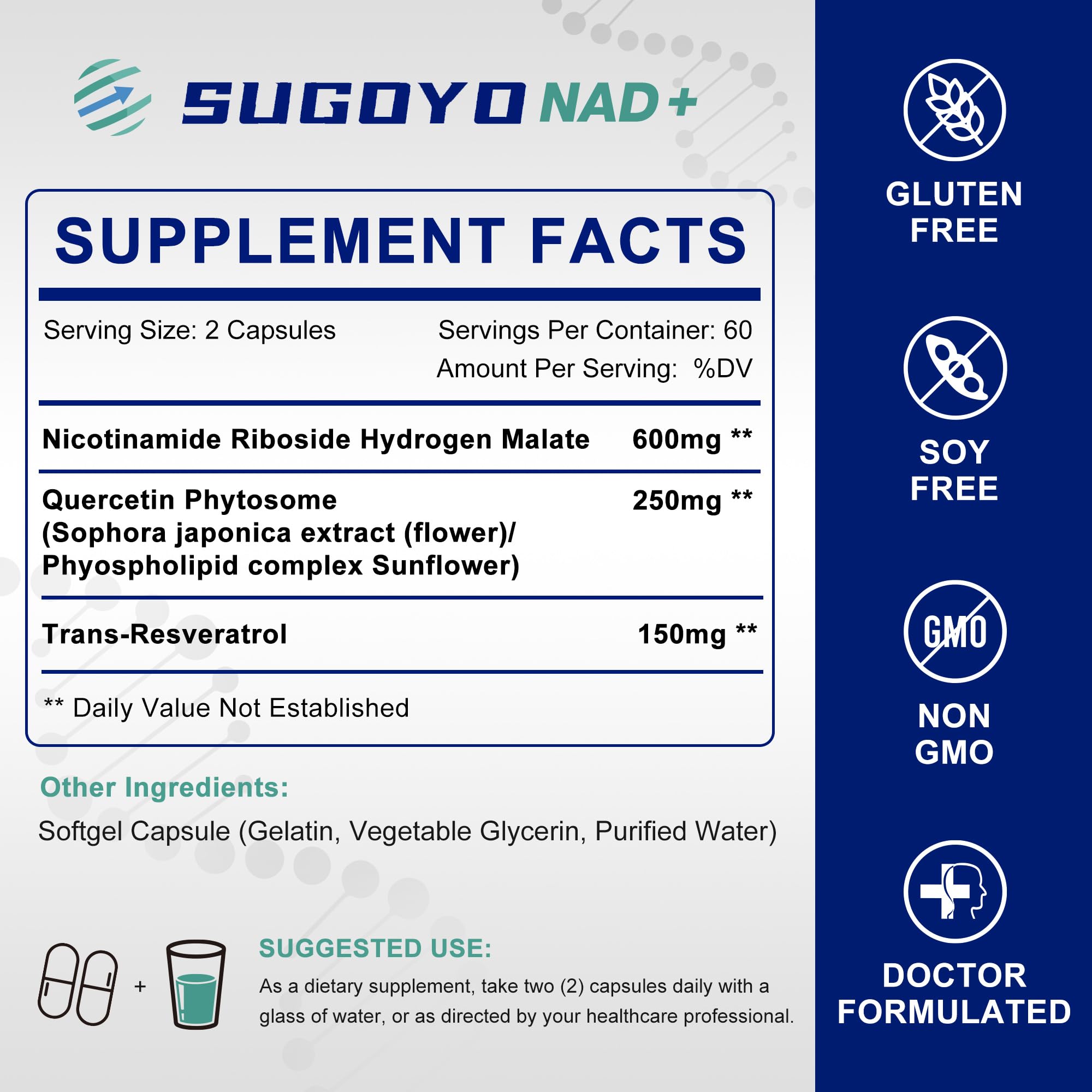 SUGOYO NAD+ Supplement 1000mg Liposomal Nicotinamide Riboside Enhanced with Resveratrol & Quercetin, Anti-Aging & Energy Boost, NMN Alternative, NAD Supplement for Women & Men (60 Count (Pack of 1)) SUGOYO uk supplements