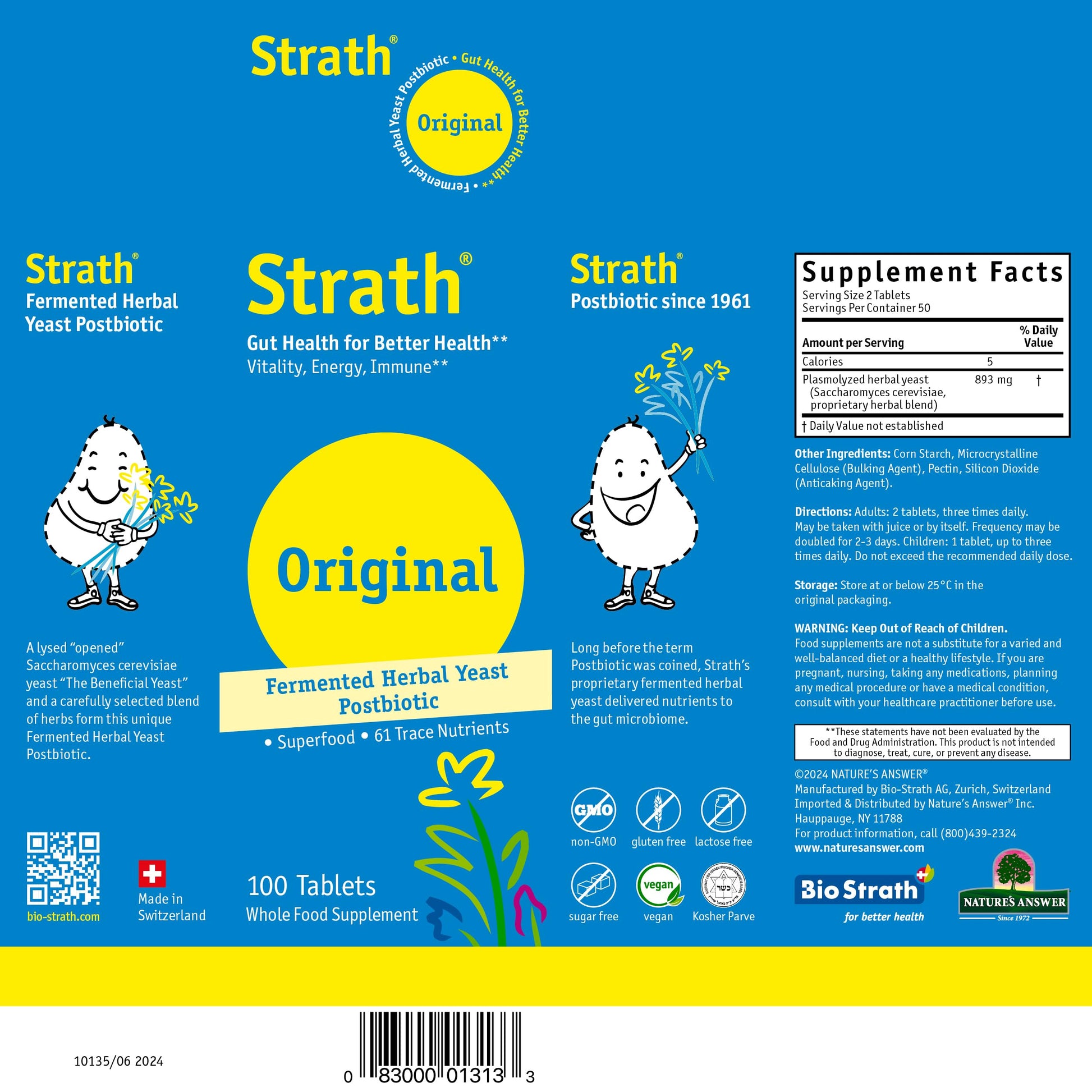 Strath Nutritional Yeast Tablets - Vegetarian, Lactose Free, Artificial Additive Free - Digestive Support, Nutrient Absorption - Unflavored Daily Supplement - Prebiotic and Postbiotic Bio-Strath uk supplements