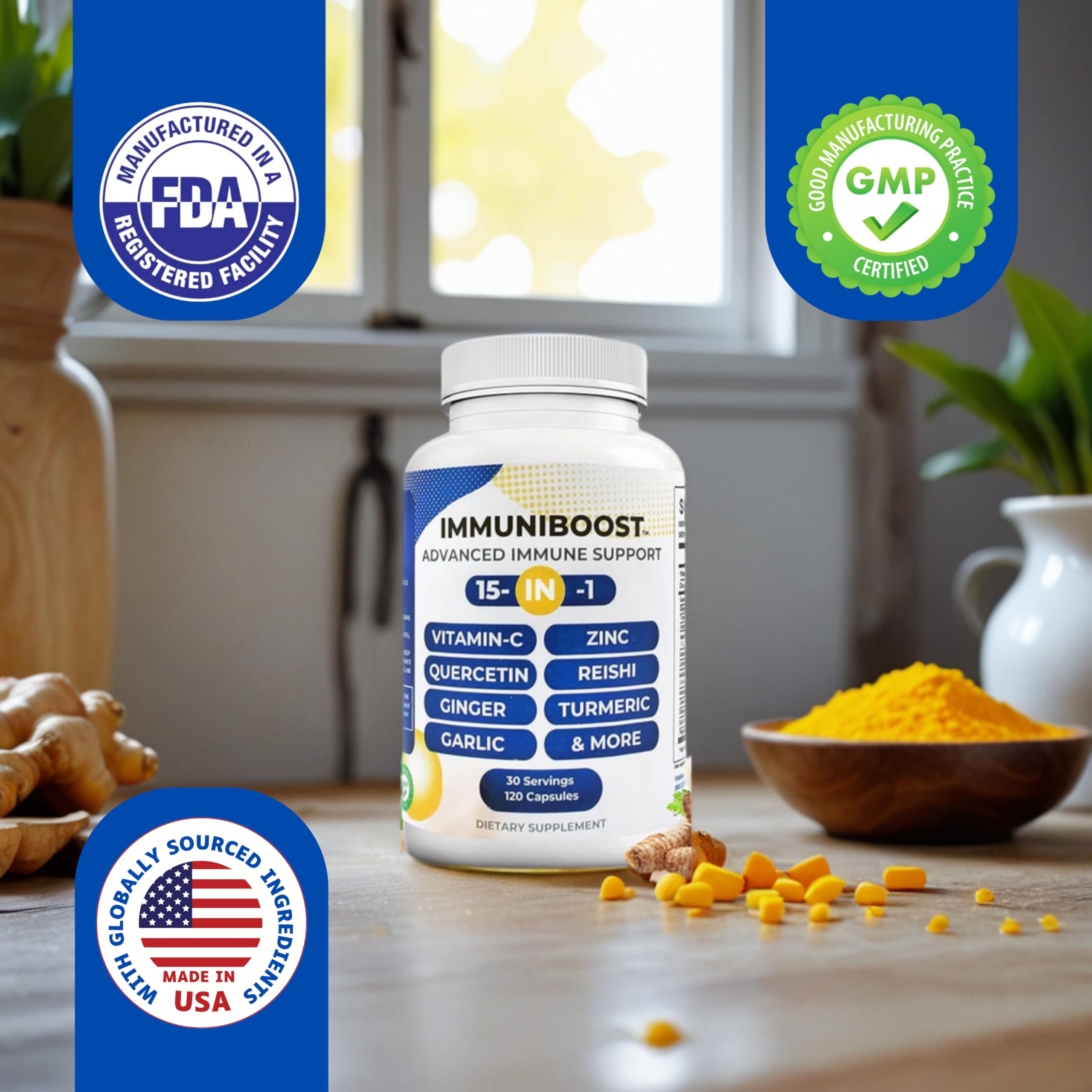15 in 1 Immune Support Supplement 120 Capsules with Powerful Blend of Turmeric, Ginger, Vitamin C and Zinc Immune Booster for Adults ImmuniBoost uk supplements