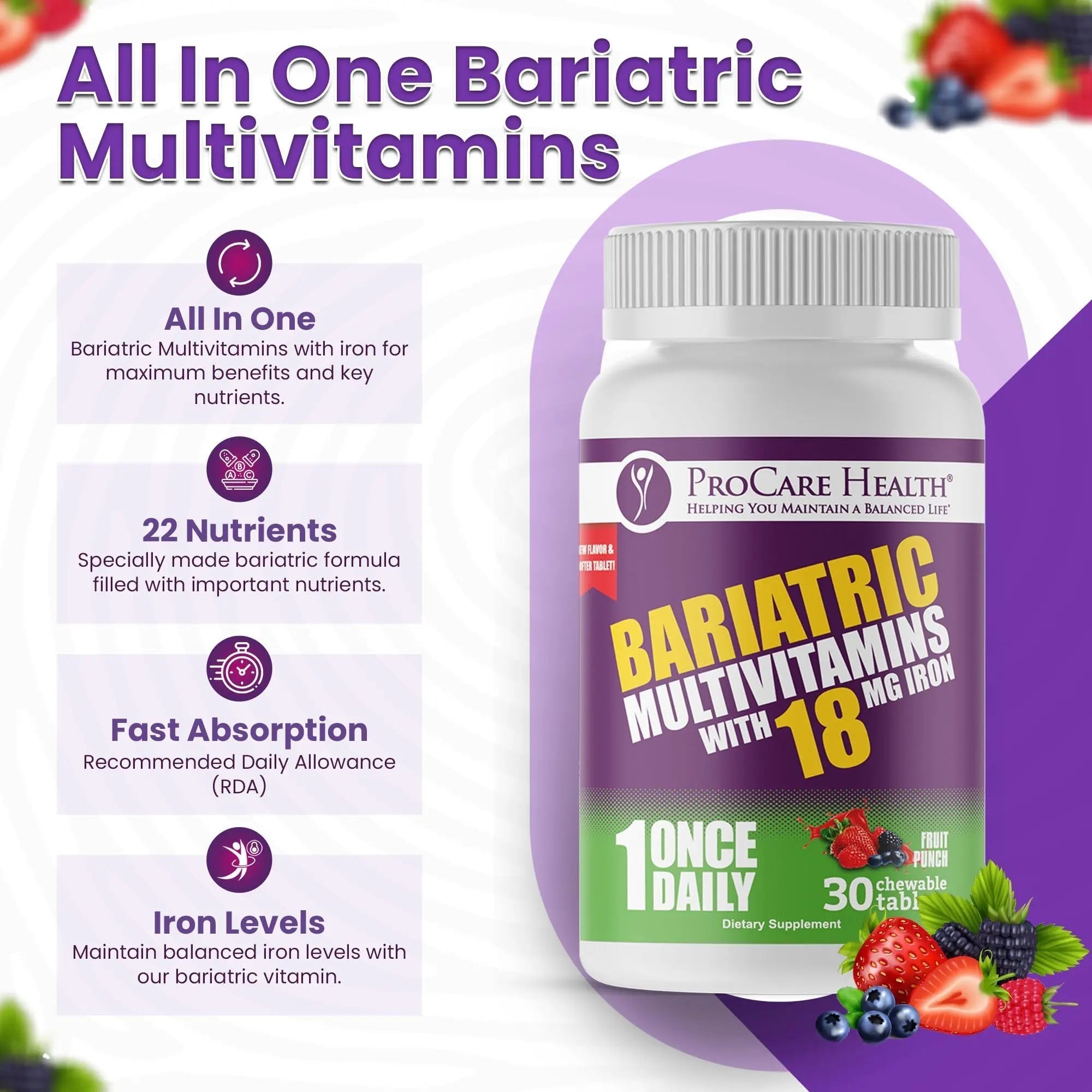ProCare Health Bariatric Chewable Multivitamin with Iron 18mg (30 Tablets) - Fruit Punch Flavor Bariatric Multivitamin Chewable ProCare Health uk supplements