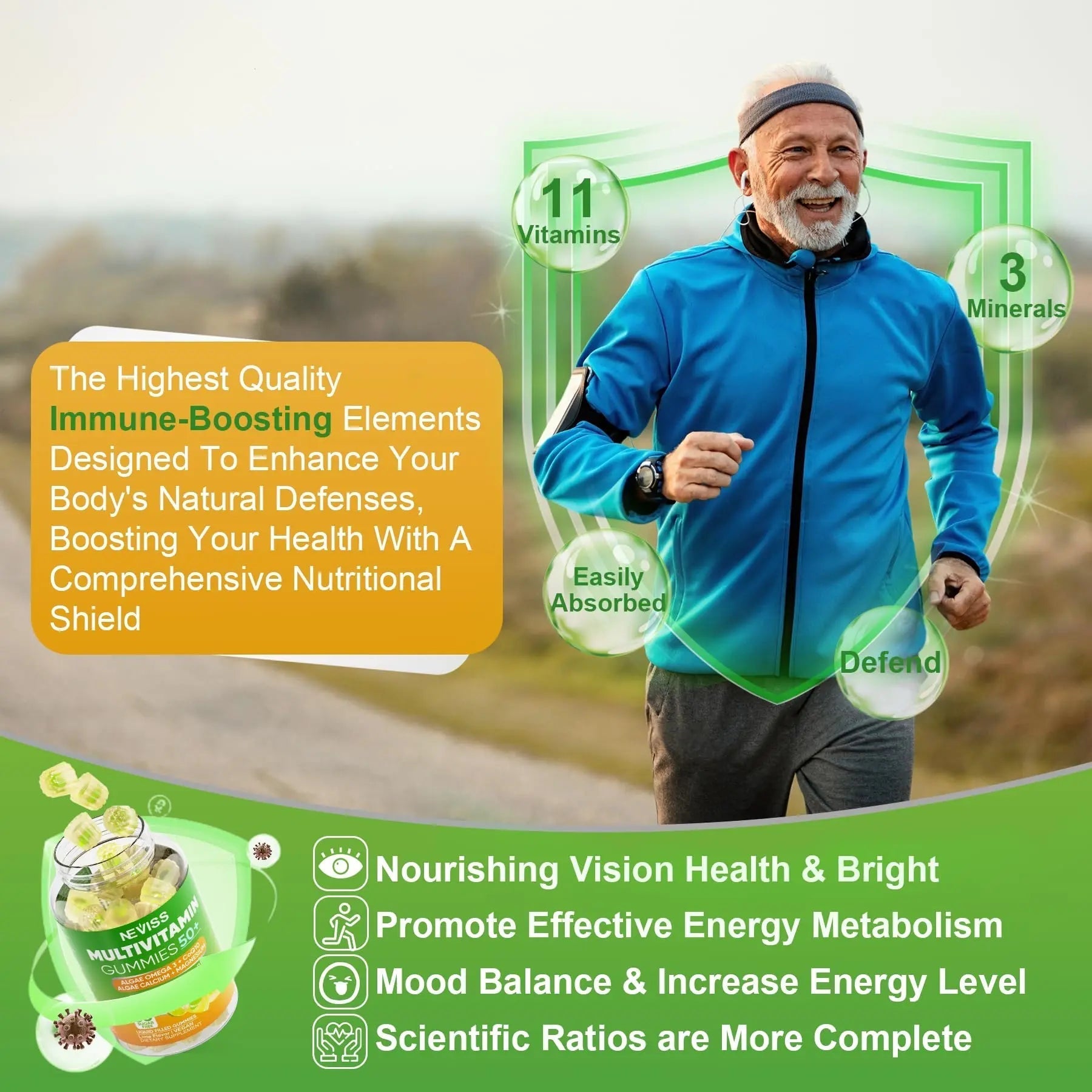 NEVISS 50+ Daily Gummy Multivitamin Algae Omega 3 & Calcium, CoQ10, Magnesium + Vitamin D3 5000IU Gummies 125mcg with Calcium 600mg, K2(MK7) 200mcg NEVISS uk supplements