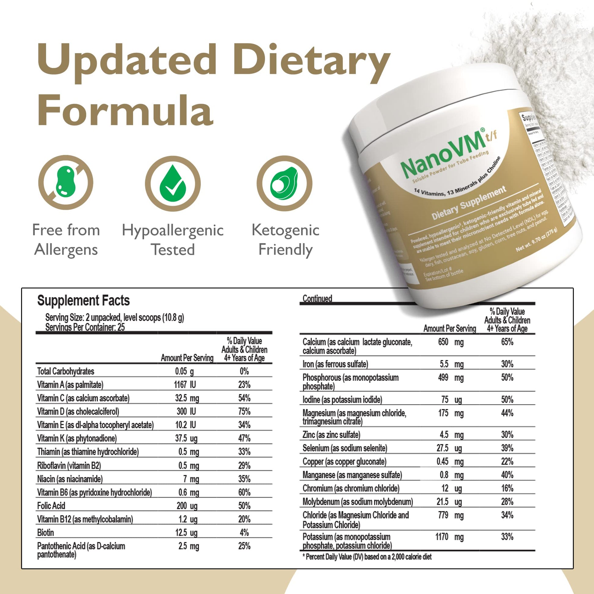 NanoVM t/f, Dietary Supplement for Tube Feeding, Allergen-Free Kids Multivitamin, Unflavored Vitamin Powder with 14 Vitamins & 13 Minerals, Low-Carb Kids Vitamins, 275g - Solace Nutrition NanoVM uk supplements