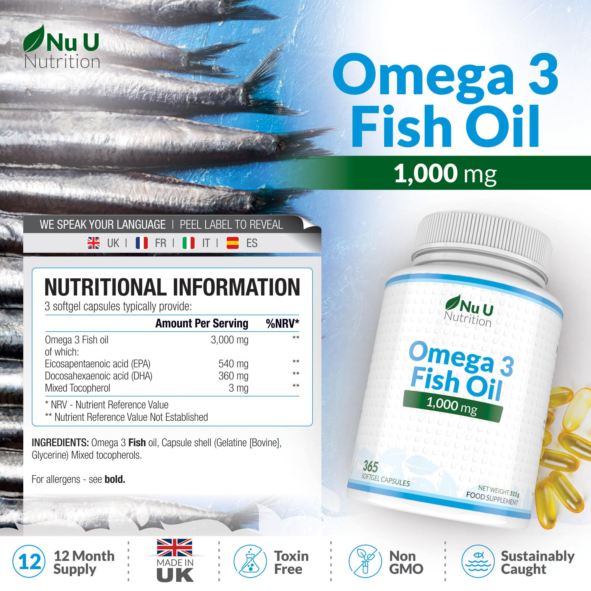 Omega 3 Fish Oil 1000mg - 365 Softgel Capsules - Up to 12 Month’s Supply - Pure Fish Oil Nu U Nutrition uk supplements