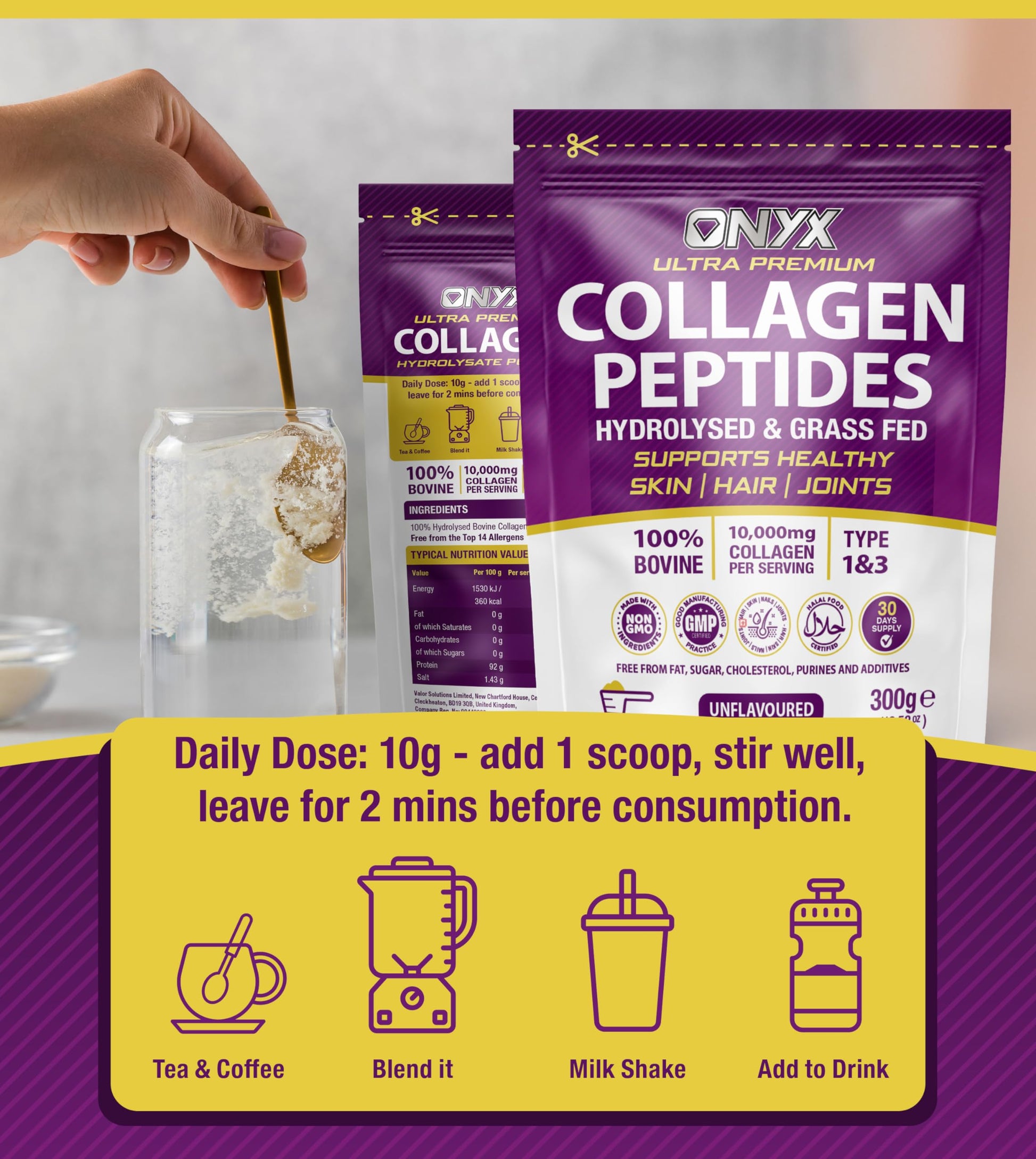 Premium Collagen Powder 300g Hydrolysed Bovine Collagen Peptides Powder ONYX INGREDIENTS 101 uk supplements