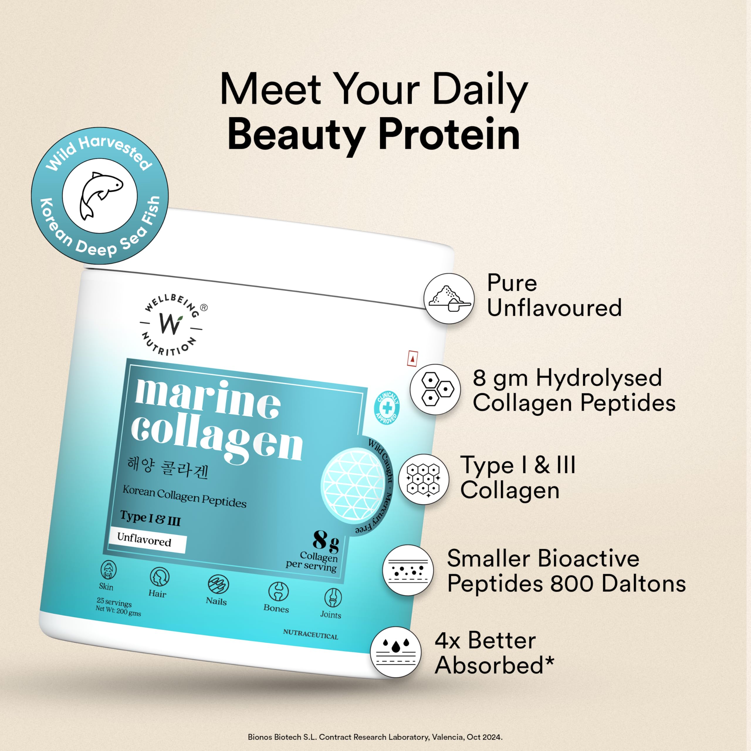 WELLBEING NUTRITION Pure Korean Marine Collagen Supplements for Women & Men, 200g | Hydrolyzed Collagen Powder and Amino Acids | Supports Healthy Skin, Hair, Nails, Bone & Joint | Unflavored WELLBEING NUTRITION uk supplements