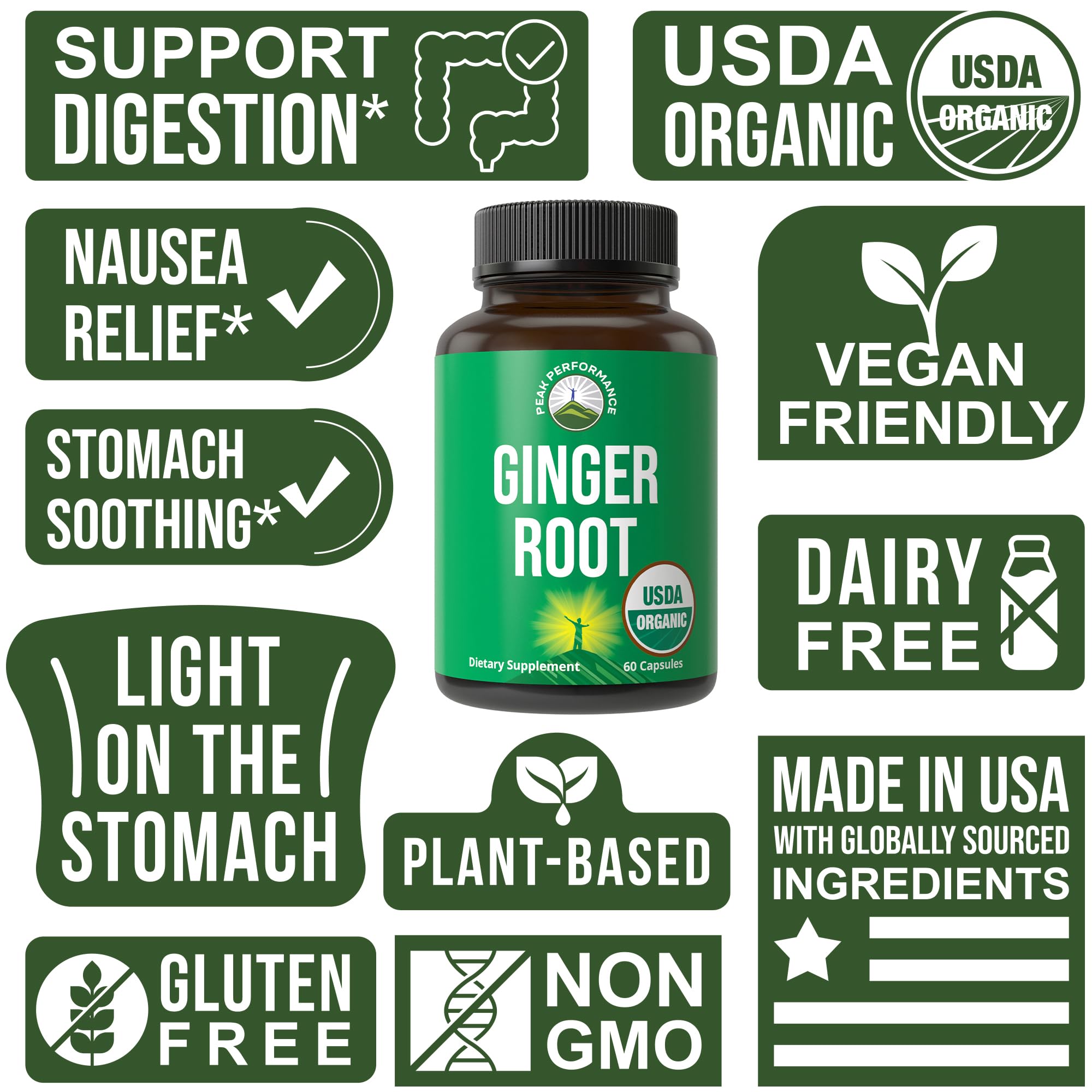 Peak Performance USDA Organic Ginger Root Capsules. Vegan Ginger Pills Supplement for Women & Men to Support Digestion, Occasional Nausea Relief, Gas & Bloat Support, and Gentle Stomach Comfort Peak Performance uk supplements