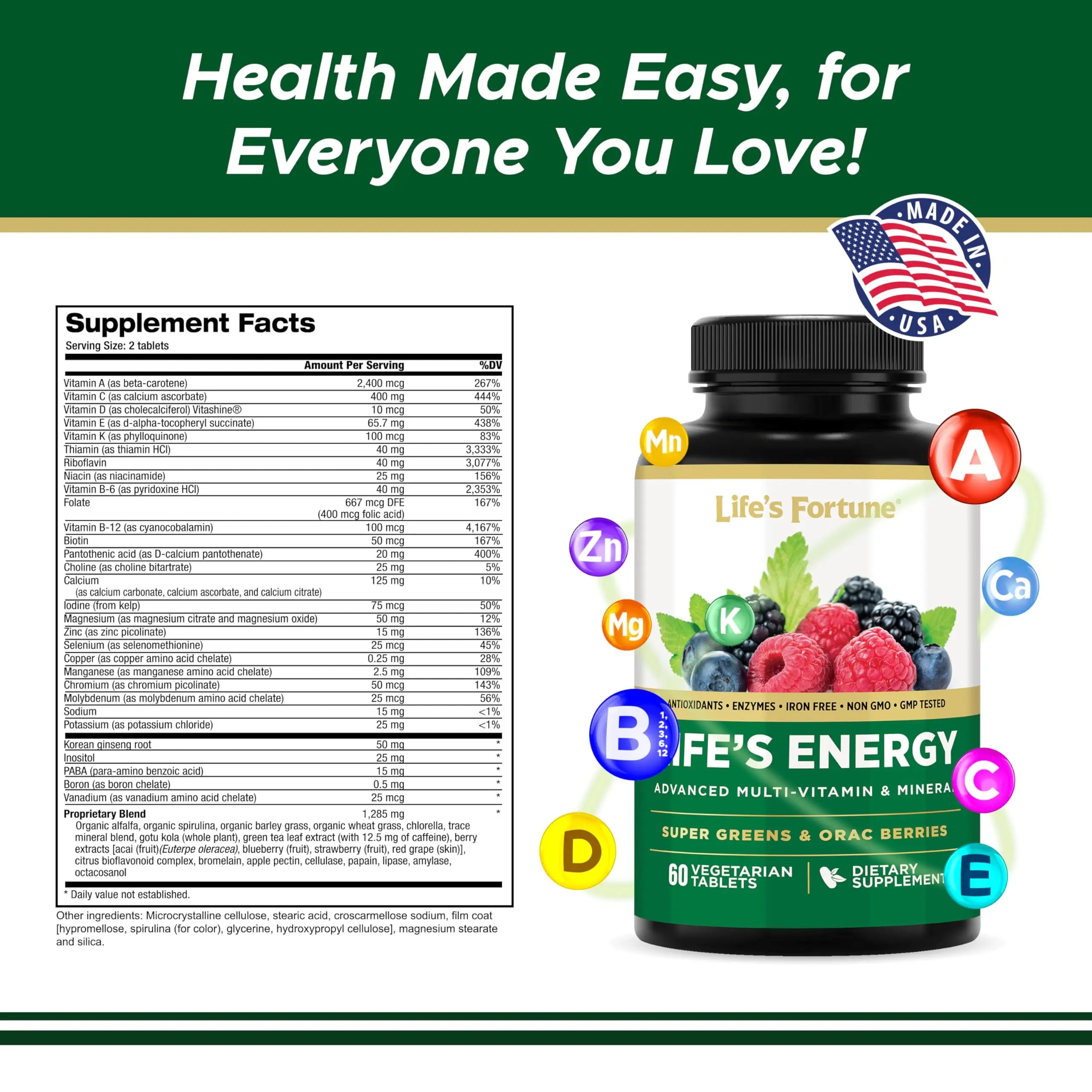 Life's Energy Advanced Daily Multivitamin for Men & Women, Energy and Immune Support Supplement with Super Greens, Antioxidants, Enzymes Life's Fortune uk supplements