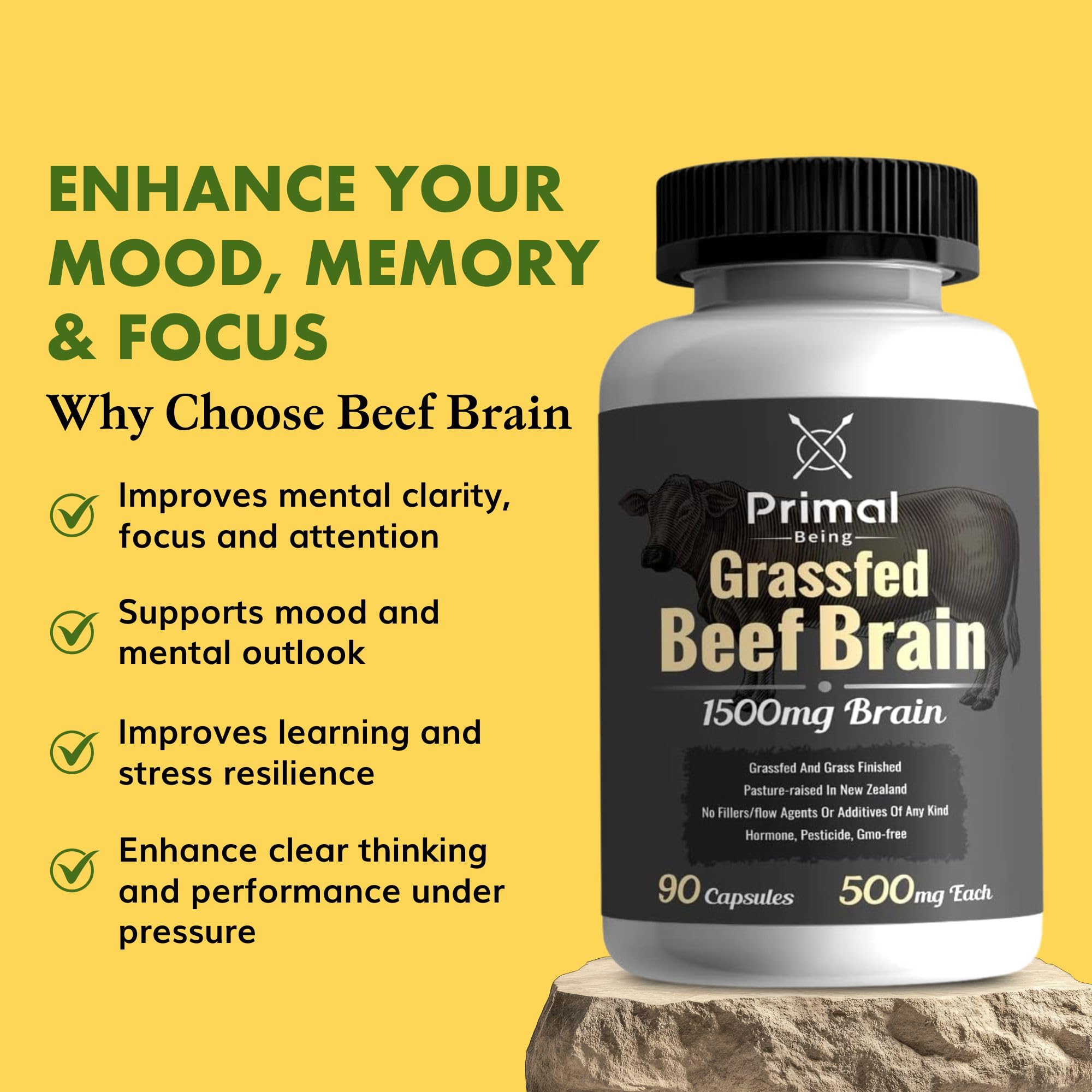 Primal Being Grassfed Beef Brain, Supports Memory, Mood, Focus, Energy, Cognitive Health - 90 Capsules, 1500mg per Serving Primal Being uk supplements