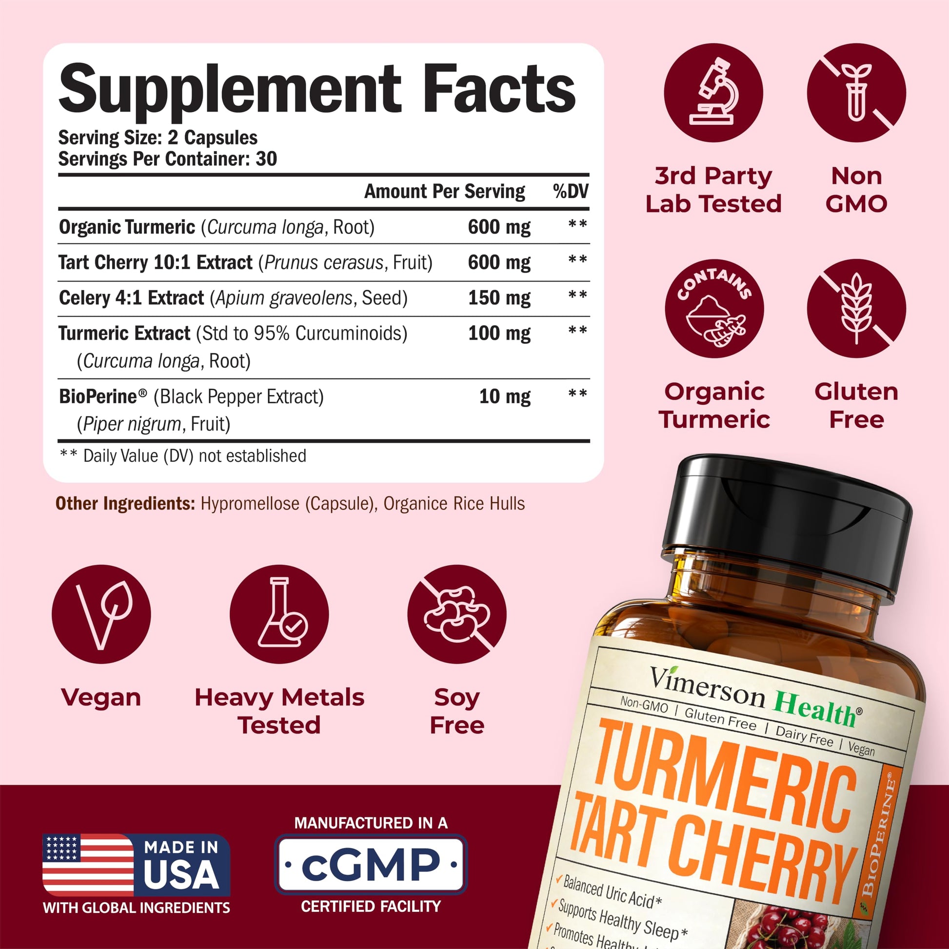 Turmeric Curcumin Supplement with 10:1 Tart Cherry Extract & Celery Seed Extract – Natural Uric Acid Balance, Joint Health & Sleep Aid – Turmeric Curcumin with Black Pepper – 60 Tart Cherry Capsules Vimerson Health uk supplements