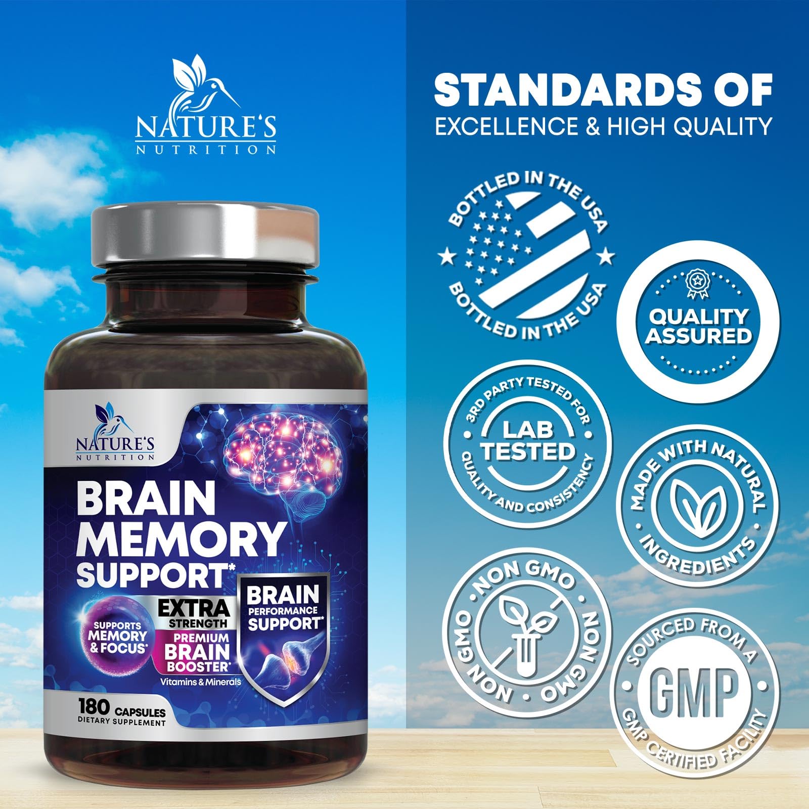 Brain Memory Supplement Pills - 3X Strength Nootropics for Concentration, Clarity & Focus Support - Brain Health Cognitive Vitamins with Bacopa, Phosphatidylserine & DMAE, Brain Booster - 180 Capsules Nature's Nutrition uk supplements