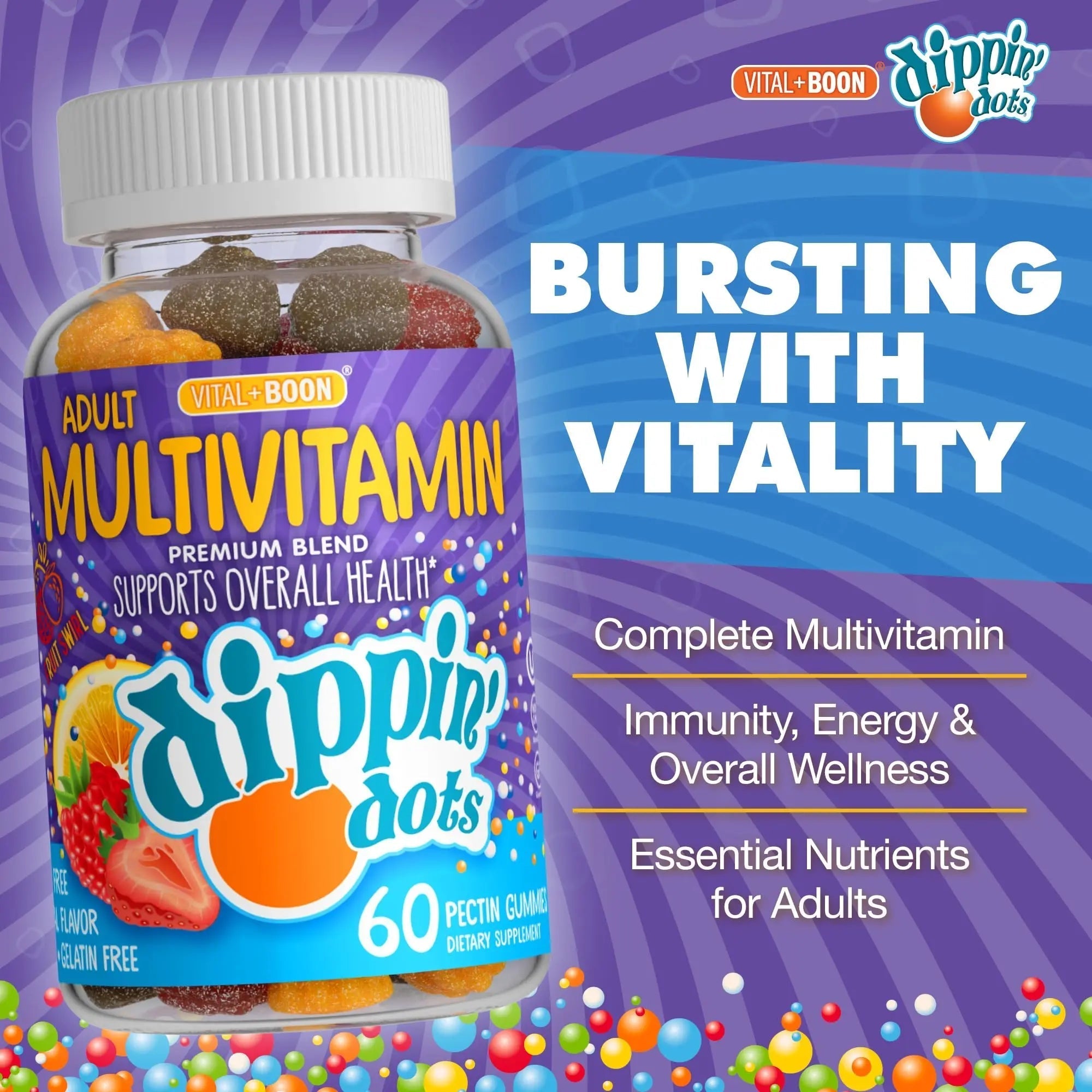 Vital+Boon Dippin' Dots - Multivitamin Gummies for Adults - Gummy Vitamins with Vitamin A, B6, C, D3, E & Folic Acid - Vegetarian Vital+Boon uk supplements