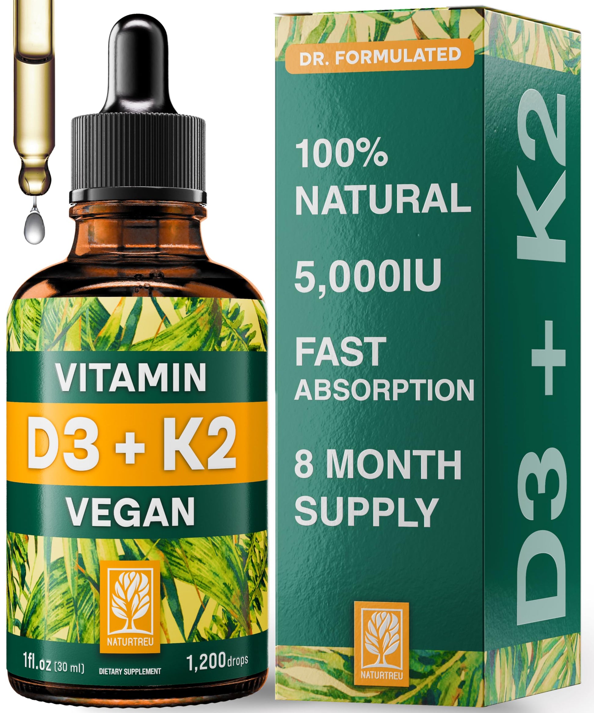 NATURTREU Vegan Vitamin D3 K2 Liquid Drops with MCT Oil for Adults (240 Servings) - Liquid Vitamin D K2 MK7 - All Natural, Non-GMO & Dr Formulated with 3X More Absorption - Third-Party Tested NATURTREU uk supplements