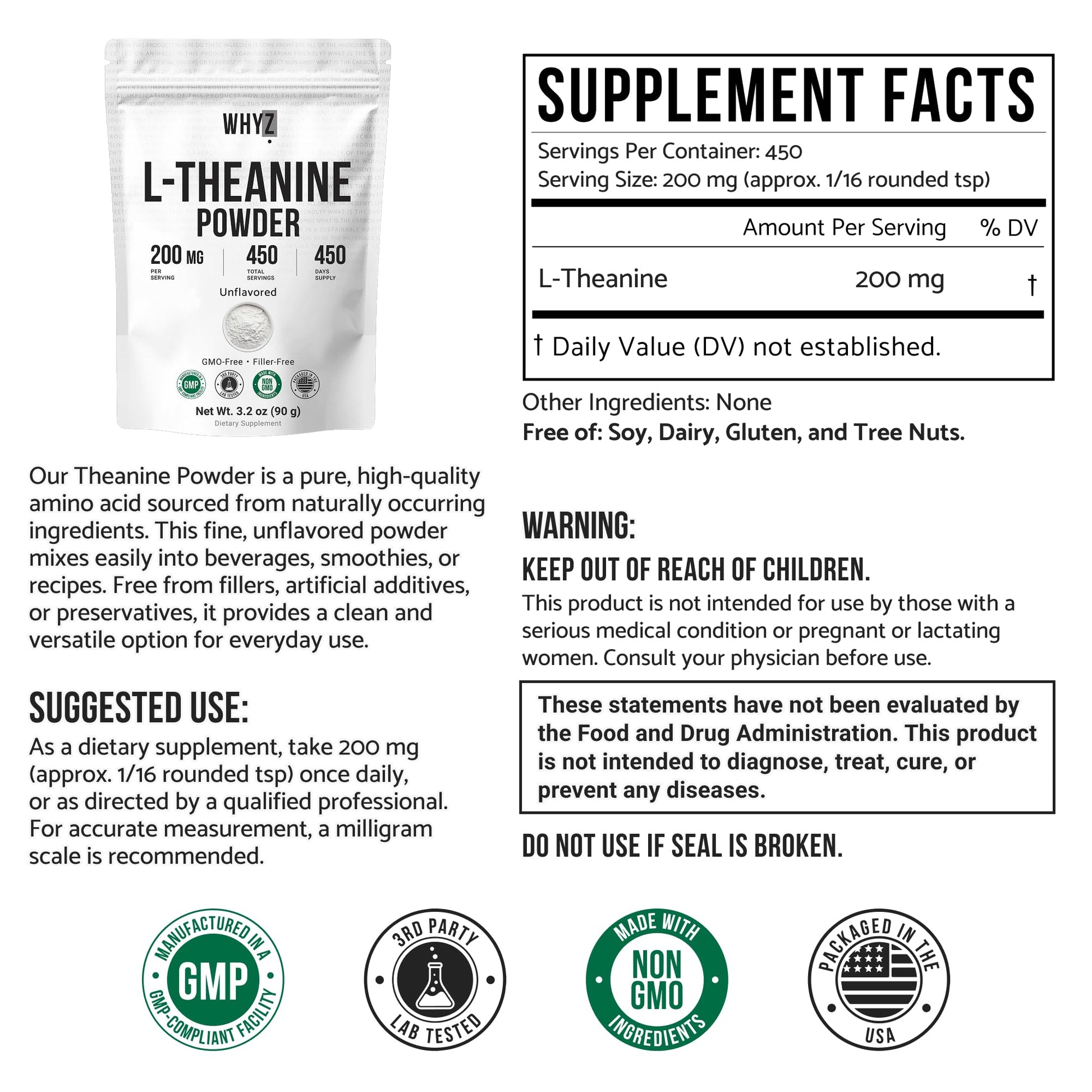 Pure L-Theanine Powder Unflavored Amino Acid Supplement Powder from Fine L-Theanine for Smooth Mixing Vegan Friendly Non-GMO No-Additives for Smoothies Drinks and Daily Nutrition Support, 3.2 oz (90g) WHYZ uk supplements