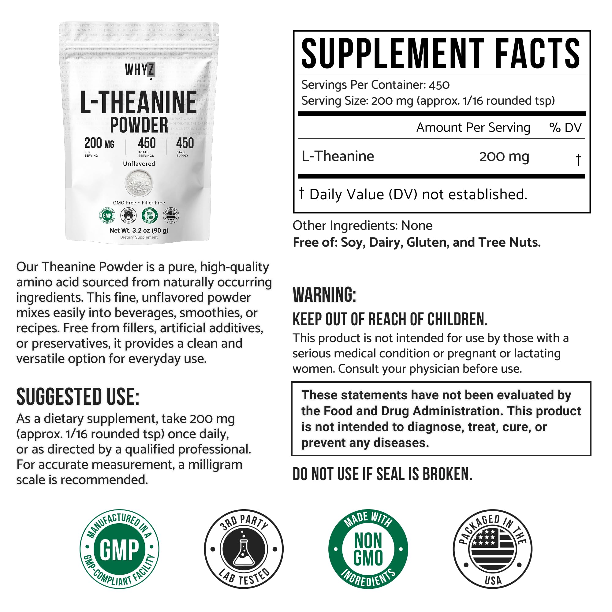 Pure L-Theanine Powder Unflavored Amino Acid Supplement Powder from Fine L-Theanine for Smooth Mixing Vegan Friendly Non-GMO No-Additives for Smoothies Drinks and Daily Nutrition Support, 3.2 oz (90g) WHYZ uk supplements