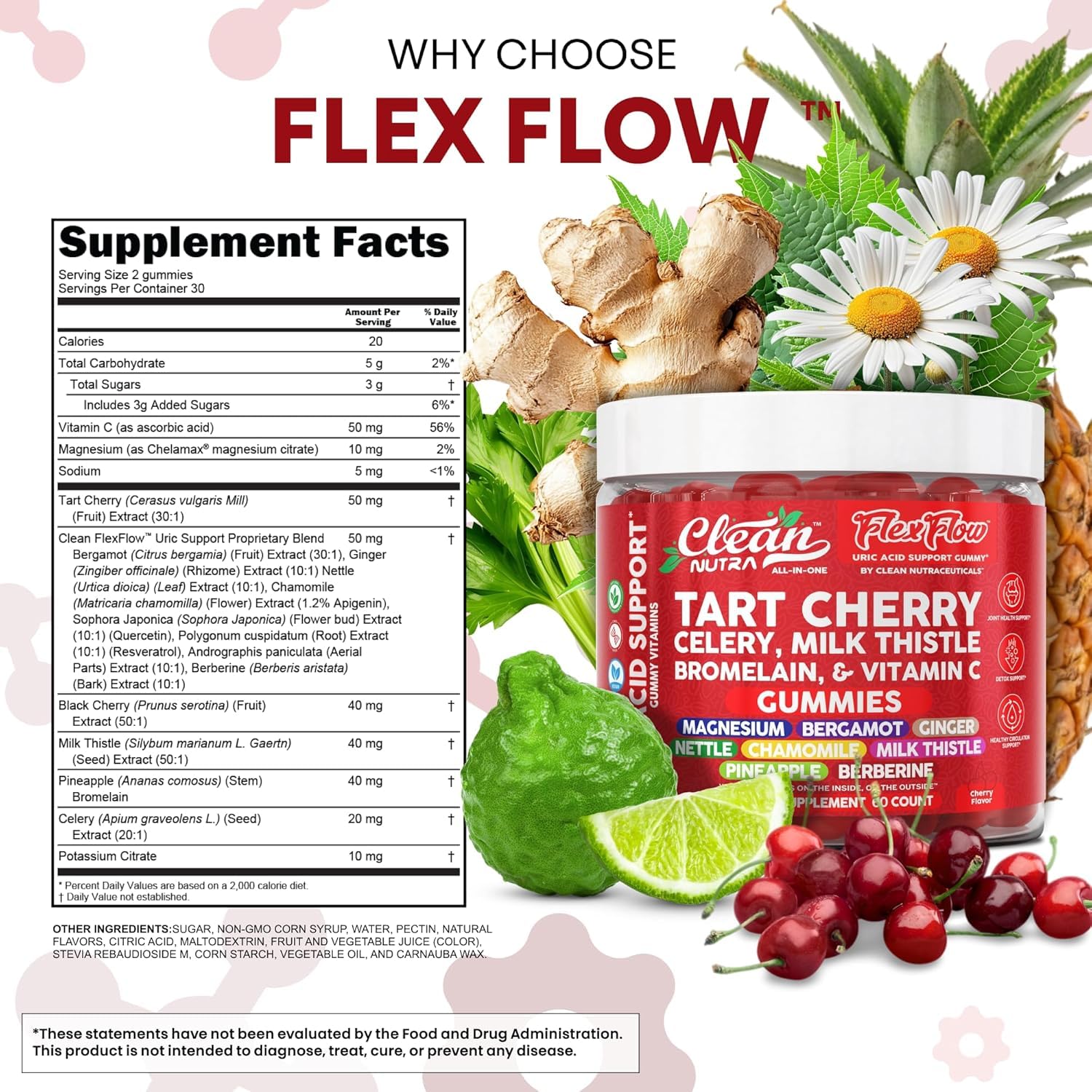 Clean Nutra Tart Cherry Gummies Uric Acid Flush Celery Milk Thistle Bromelain Vitamin C Magnesium Citrus Bergamot Ginger Stinging Nettle Leaf Chamomile Berberine Quercetin Support 60 Gummy Vitamins Clean Nutraceuticals uk supplements