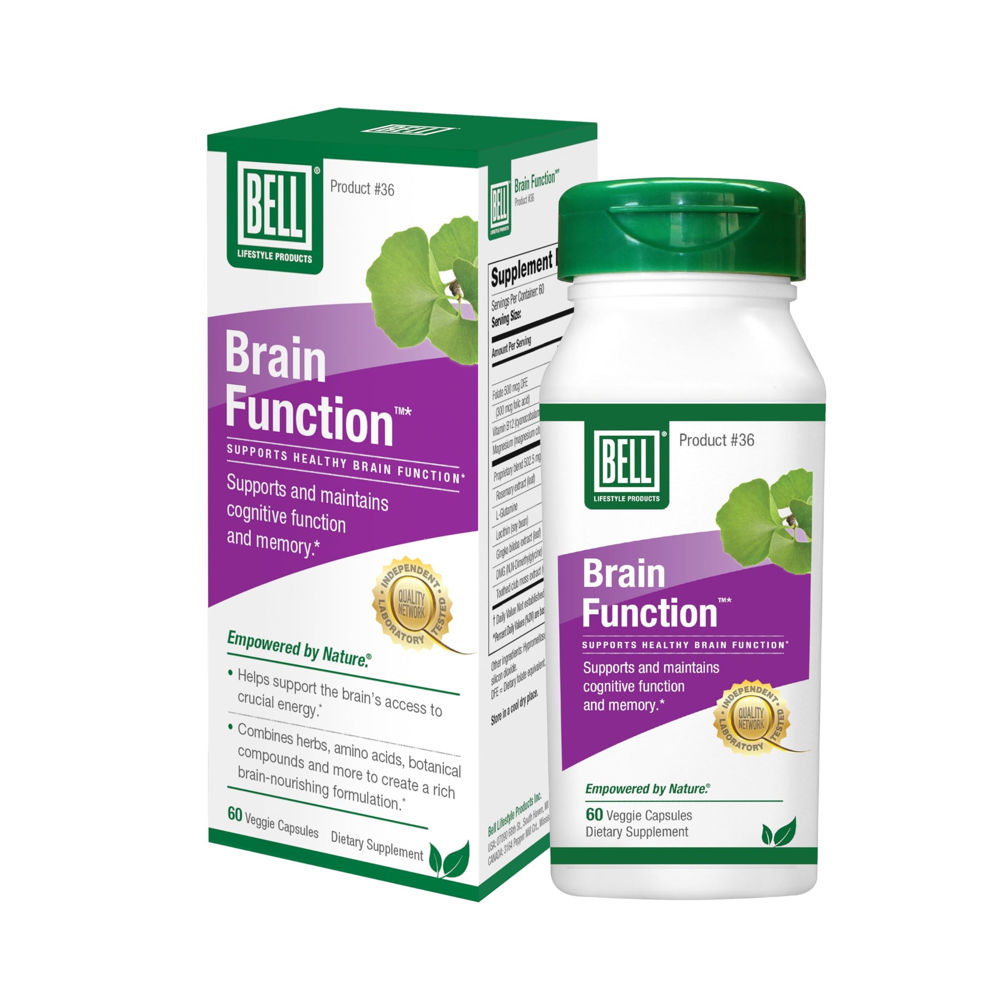 Bell Brain Function Lifestyle, Supports Cognitive Health with Ginkgo, Vitamin B12, Folate - 60 Vegetarian Capsules Bell uk supplements