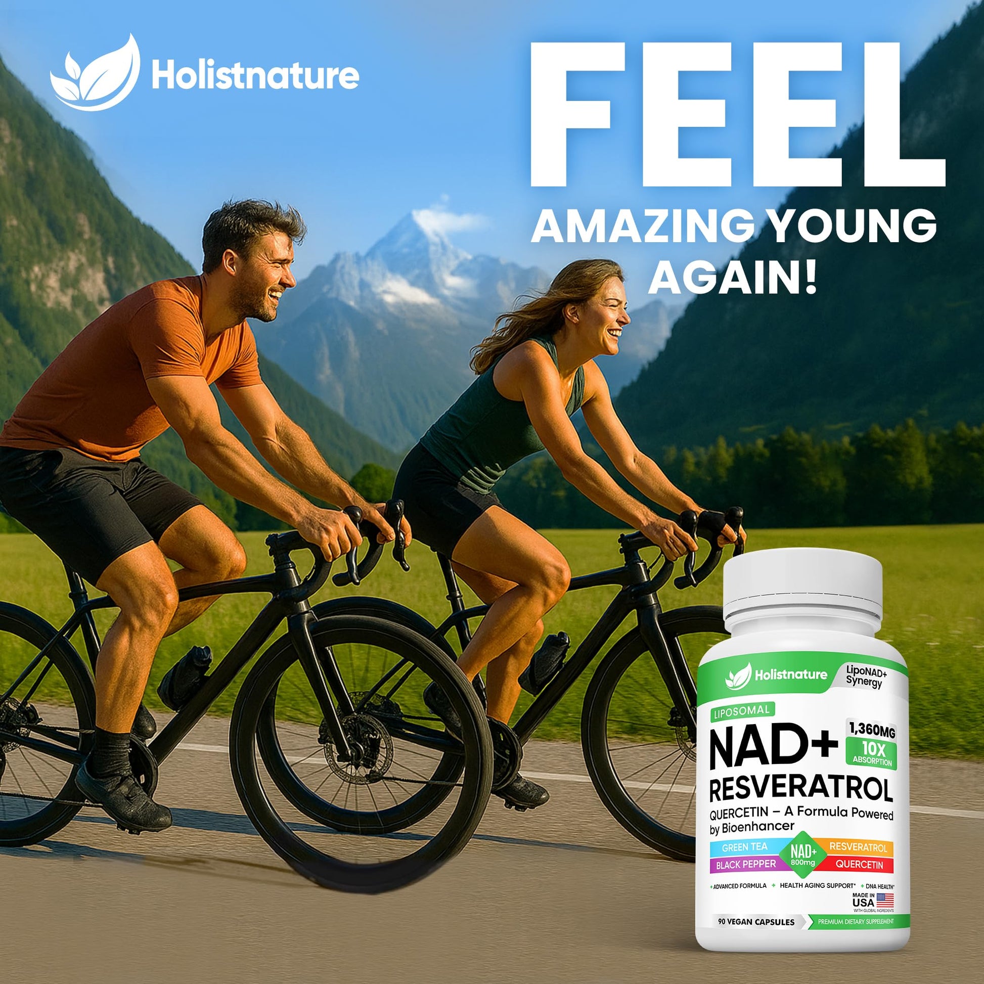 NAD+ Supplement, 1,360mg Max Strength Liposomal | Resveratrol, Quercetin, Green Tea | Cellular Energy & Healthy Aging for Men & Women | 800mg of 100% High Purity NAD+ for Energy, Focus - 90 Capsules Holistnature uk supplements