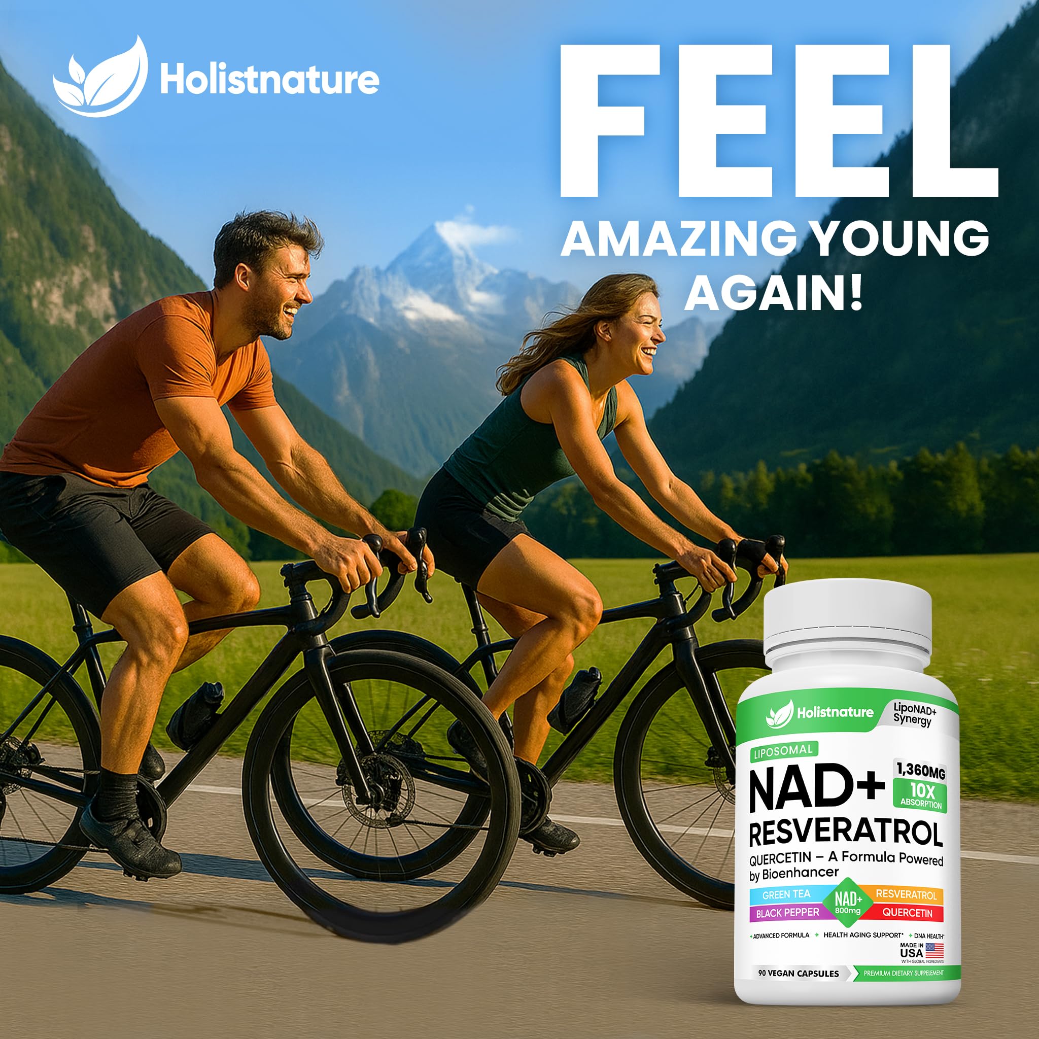 NAD+ Supplement, 1,360mg Max Strength Liposomal | Resveratrol, Quercetin, Green Tea | Cellular Energy & Healthy Aging for Men & Women | 800mg of 100% High Purity NAD+ for Energy, Focus - 90 Capsules Holistnature uk supplements