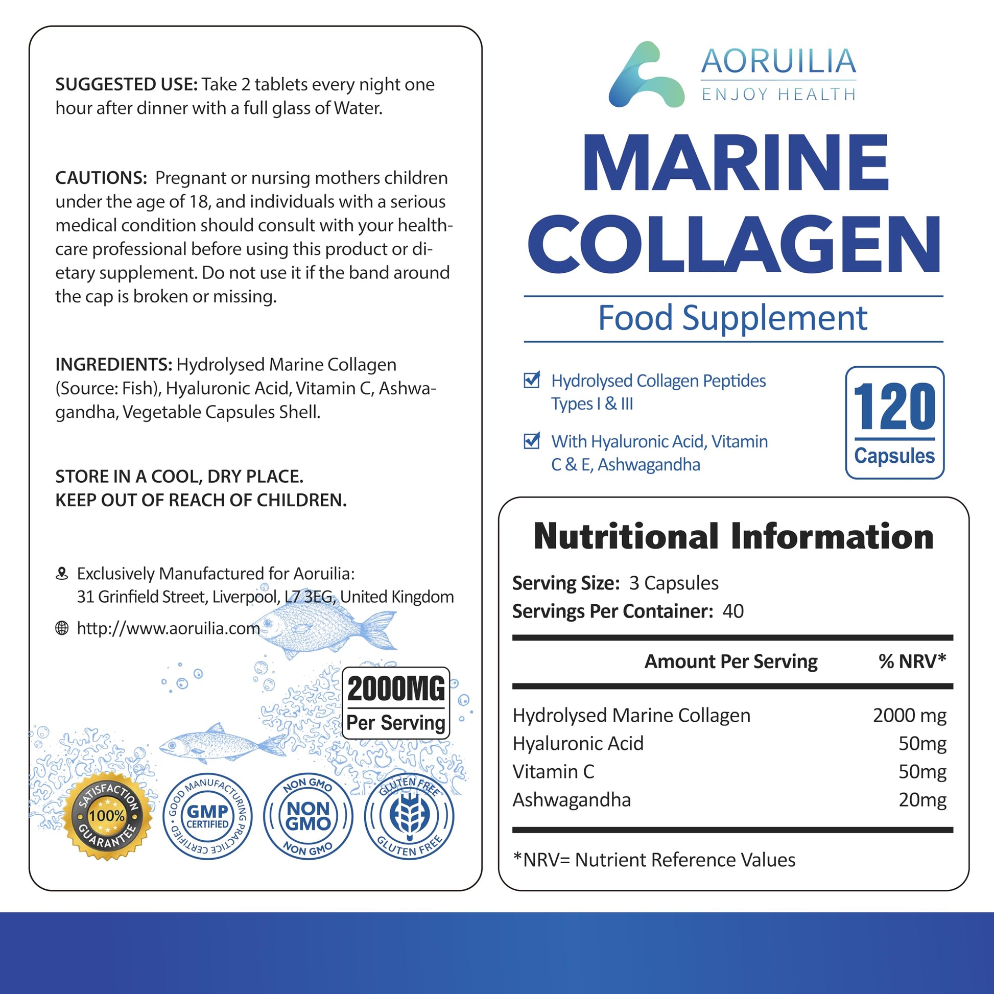 Marine Collagen Supplements for Women Men 2000mg 120 Capsules Hyaluronic Acid, Vitamin C, Vitamin E, & Ashwagandha Aoruilia uk supplements