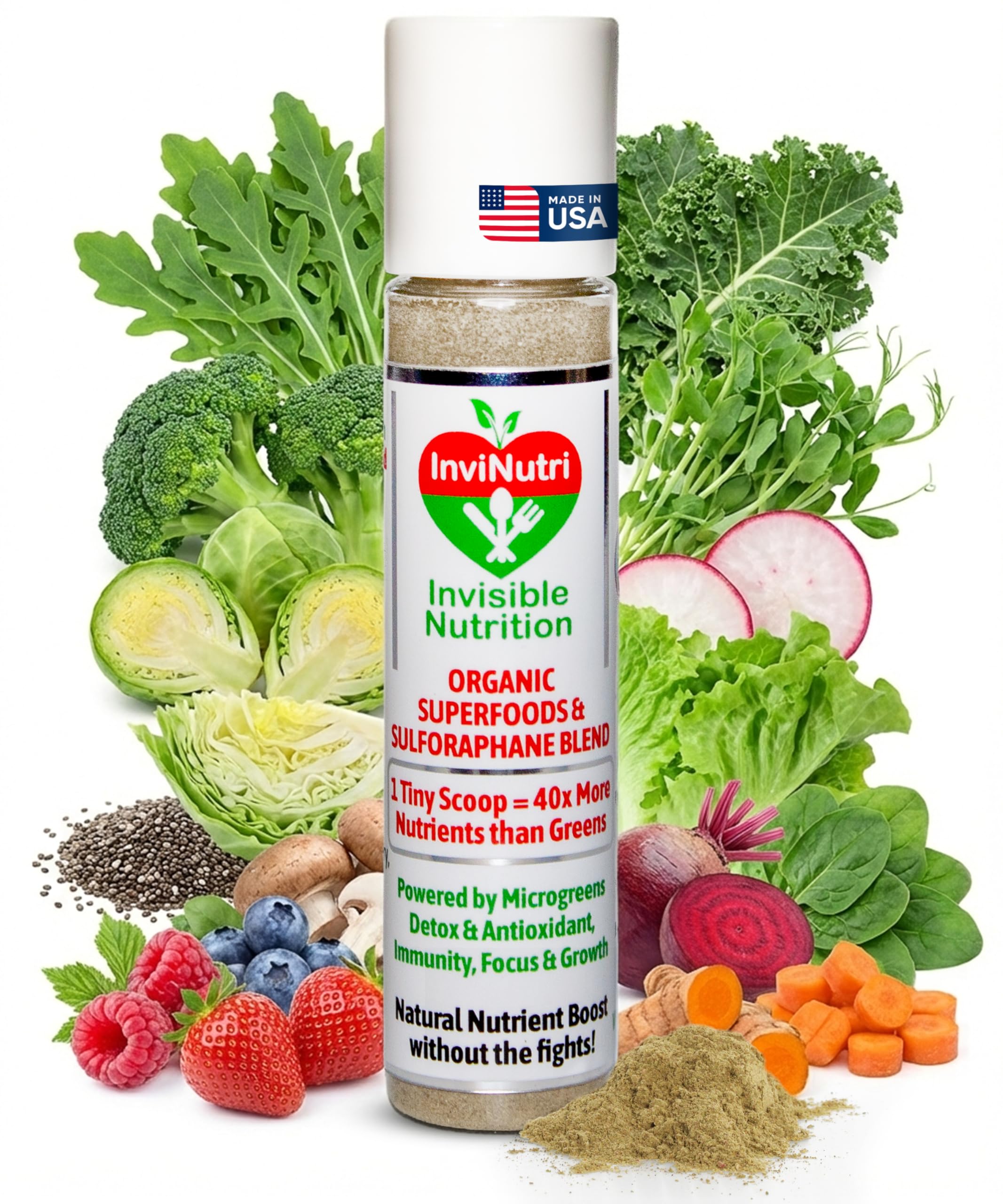 InviNutri Superfood Powder for Sensory & Picky Eaters. A TINY scoop- 40x Nutrient-Rich, 30mg Sulforaphane for Detox. Organic Microgreens, Fruits & Veggies - Blends Invisibly into Most Meals - 24 serv. InviNutri Invisible Nutrition uk supplements