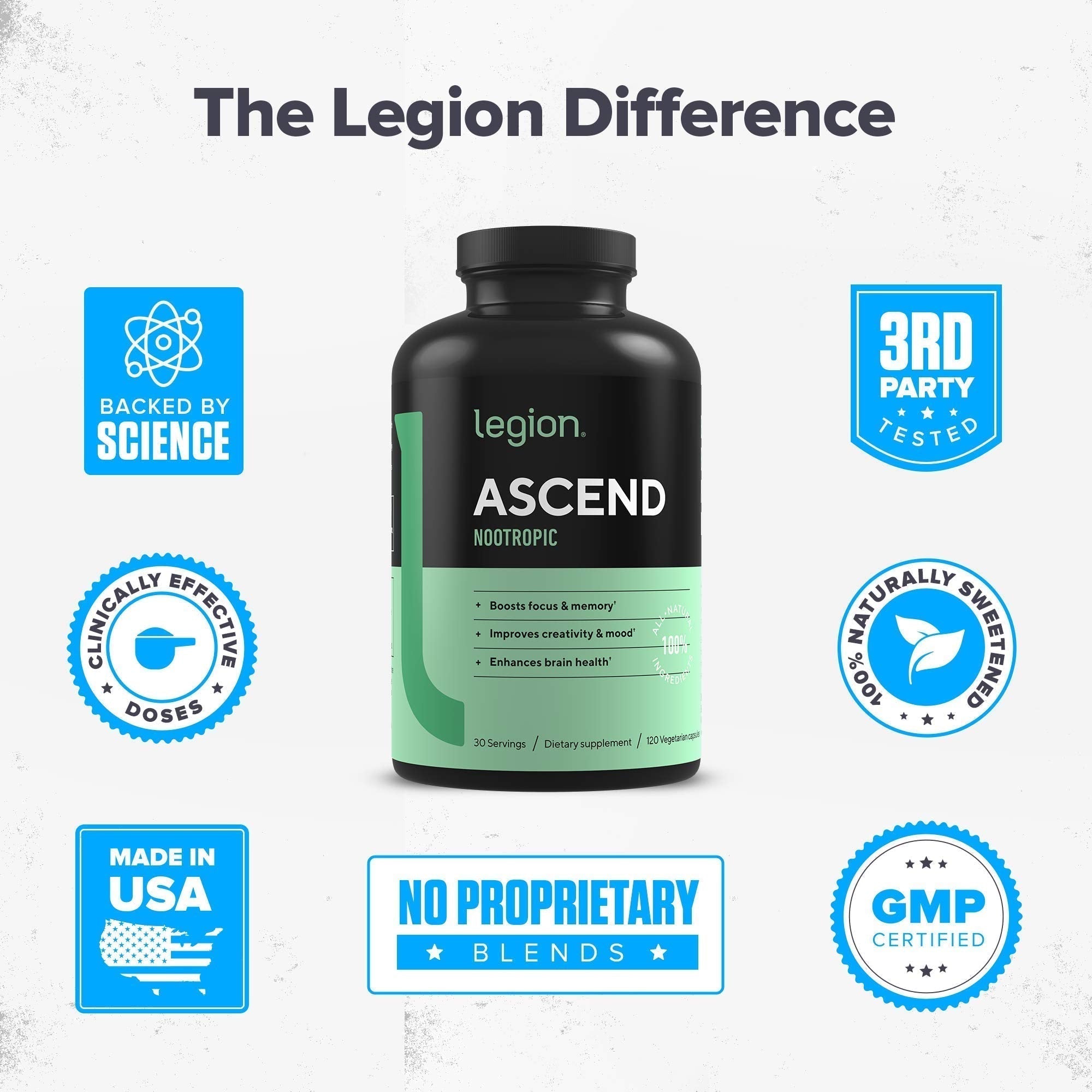 LEGION Athletics Ascend Nootropic - All-Natural Brain Supplements for Memory and Focus - Nootropics Brain Support Supplement with Alpha-GPC - Brain Supplement for Alertness & Mood Support, 30 Servings LEGION uk supplements