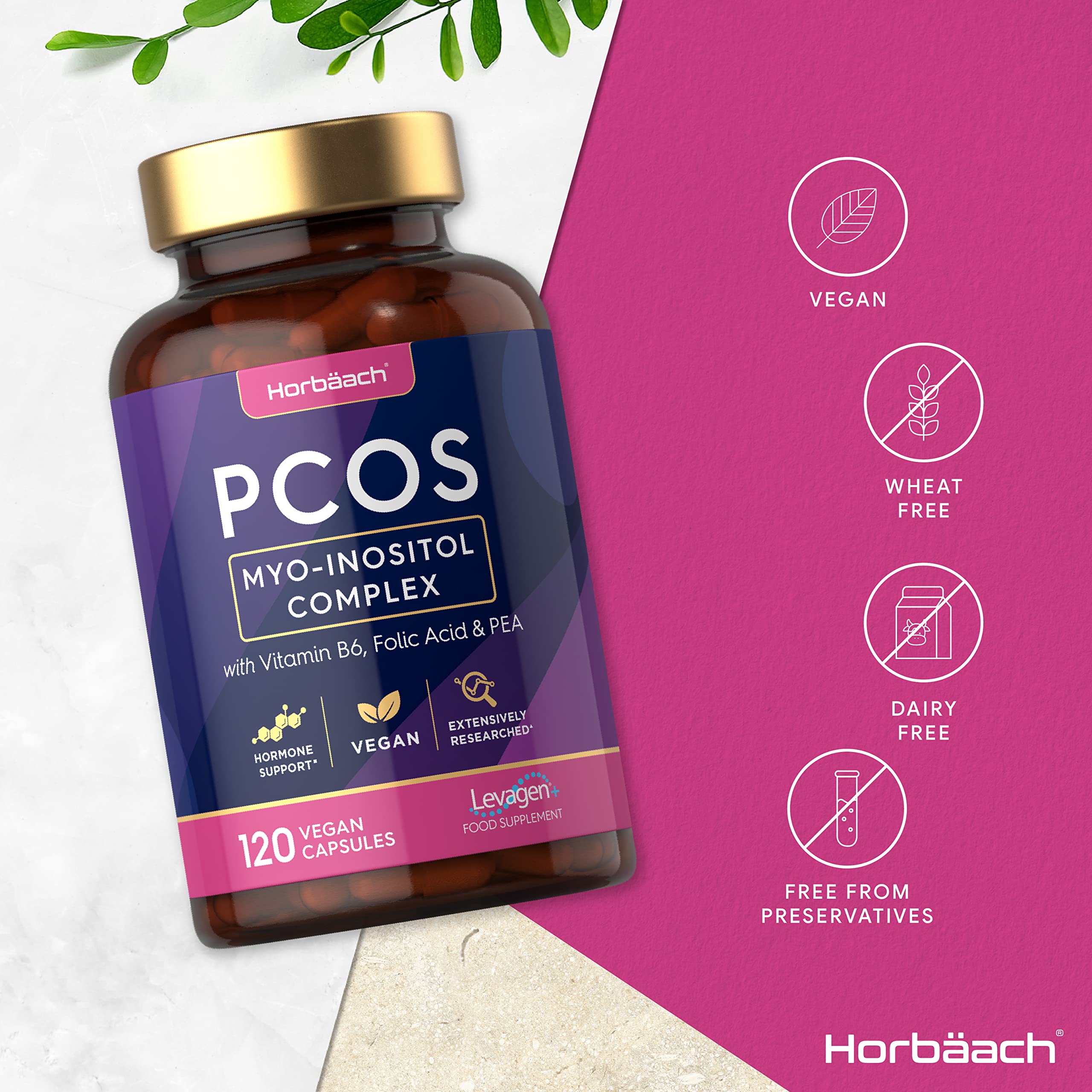 Inositol Supplement for PCOS | 120 Vegan Capsules | Myo-Inositol Complex with Folic Acid Horbäach uk supplements