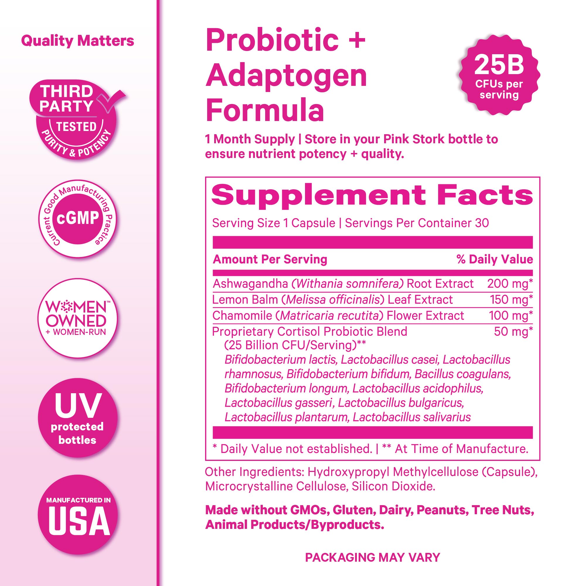 Pink Stork Cortisol Probiotic for Women – Mood and Adrenal Support Supplement – Ashwagandha, Lemon Balm, Chamomile, 25 Billion CFU – Gut Health, Energy, Focus – Lower Cortisol – 30 Capsules Pink Stork uk supplements