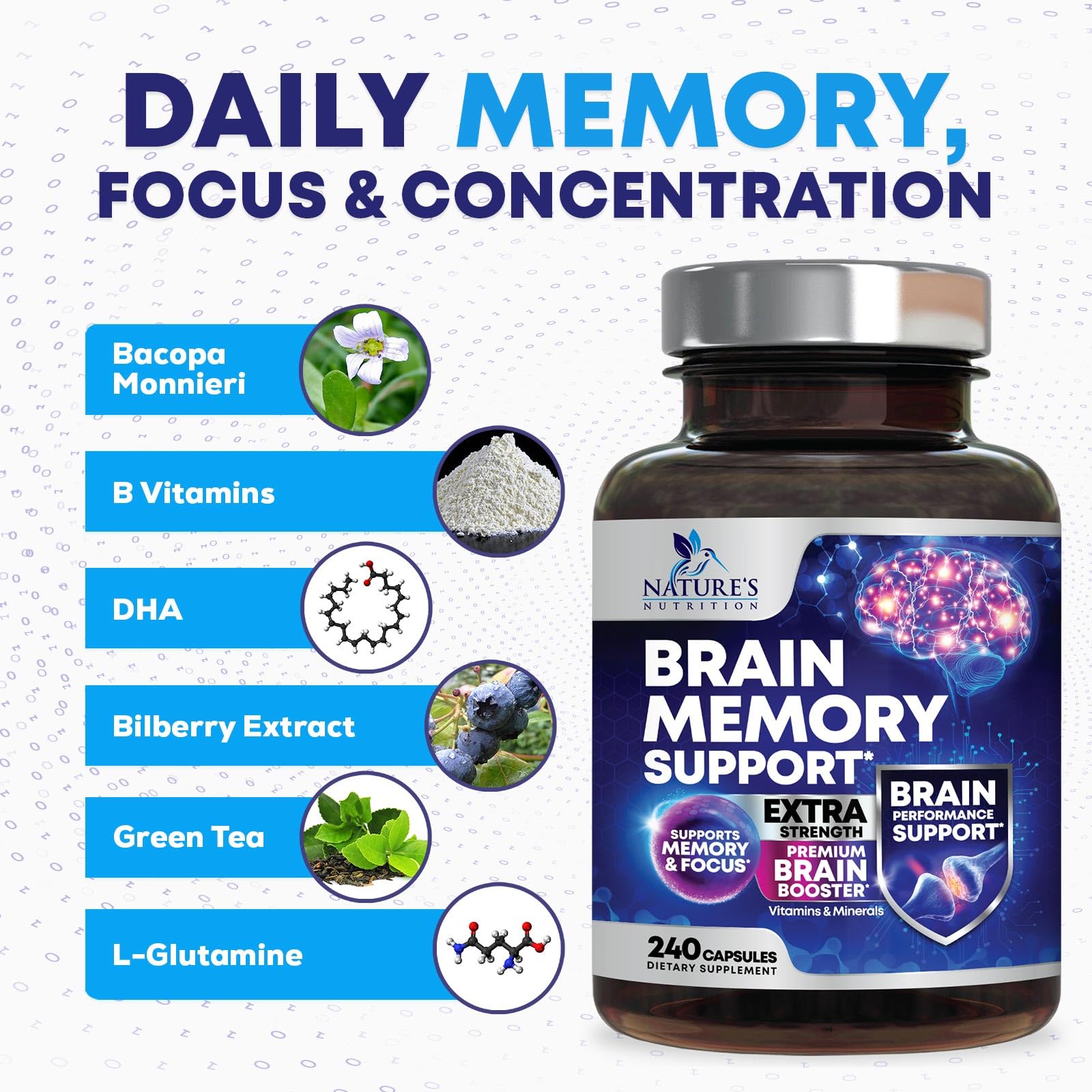 Brain Memory Supplement Pills - 3X Strength Nootropics for Concentration, Clarity & Focus Support - Brain Health Cognitive Vitamins with Bacopa, Phosphatidylserine & DMAE, Brain Booster - 240 Capsules Nature's Nutrition uk supplements