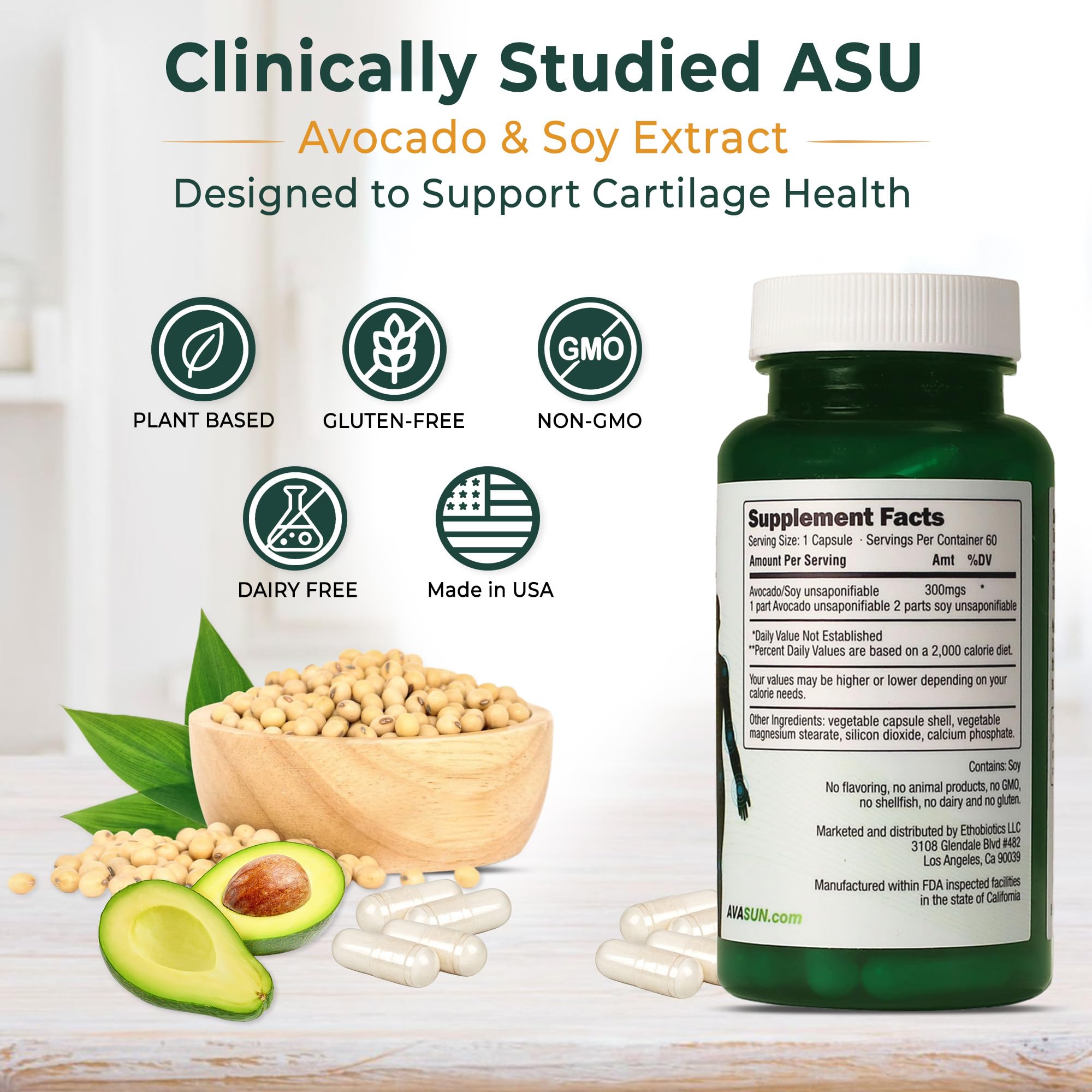 ASU Joint Support Supplement – 300mg Avocado Soy Unsaponifiables for Joint Comfort, Mobility & Cartilage Health, Clinically Studied, Plant-Based, Non-GMO, Gluten-Free, 60 Capsules (6 Month Supply) AvaSun uk supplements