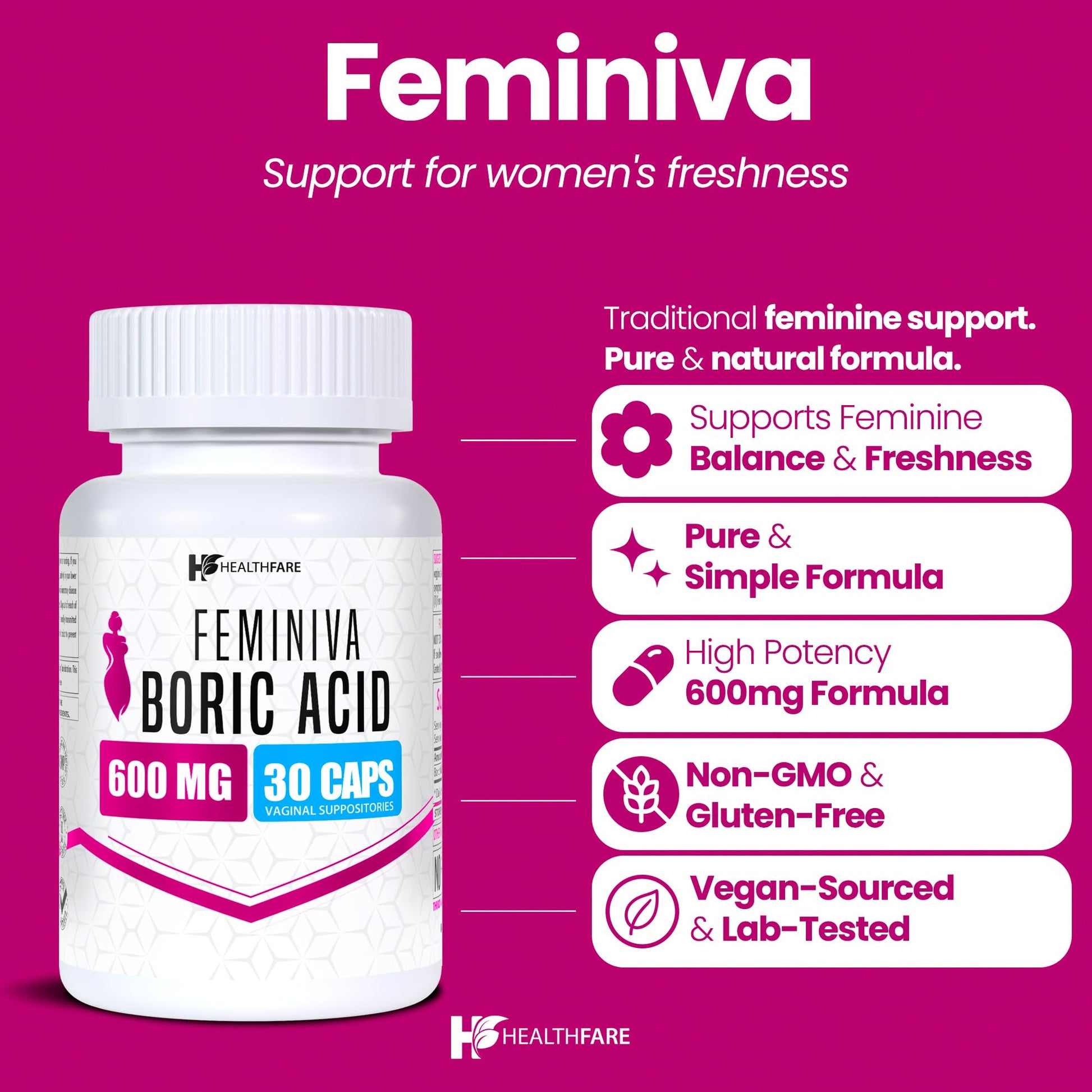 Healthfare Feminiva Boric Acid Suppositories | 2-Pack | 30 Vaginal Suppositories Each | 600mg | 100% Pure | Made in The USA Healthfare uk supplements