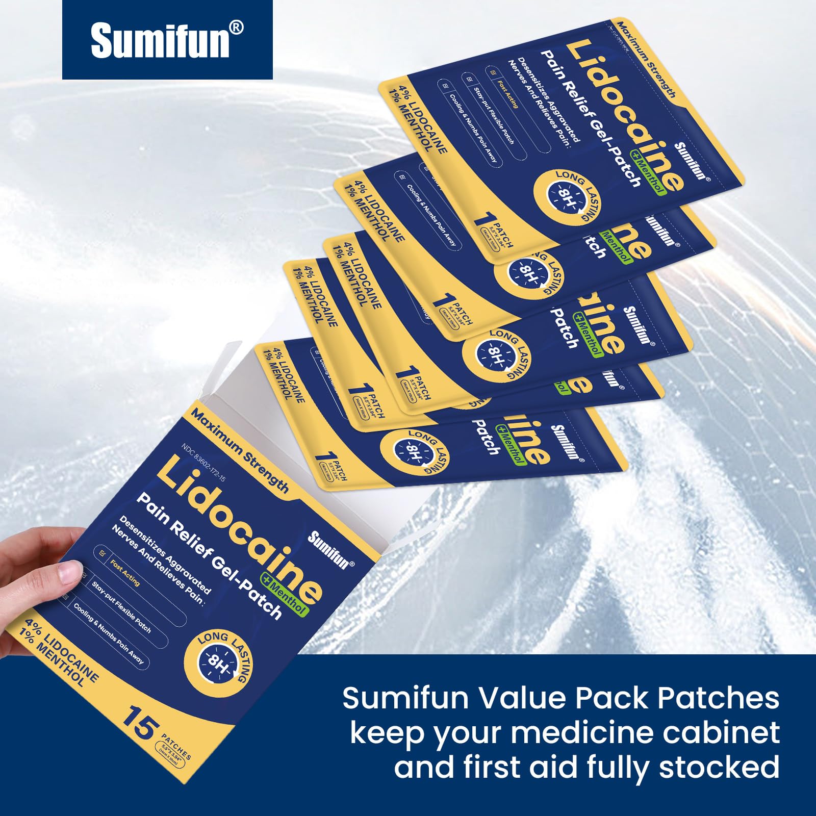 Sumifun 4% Lidocaine Patches Plus 1% Menthol - 15 Counts Maximum Strength OTC Pain Relief Patches for Back Ache Stiff Neck Joint Pain Muscle Soreness Topical Analgesic Sumifun uk supplements