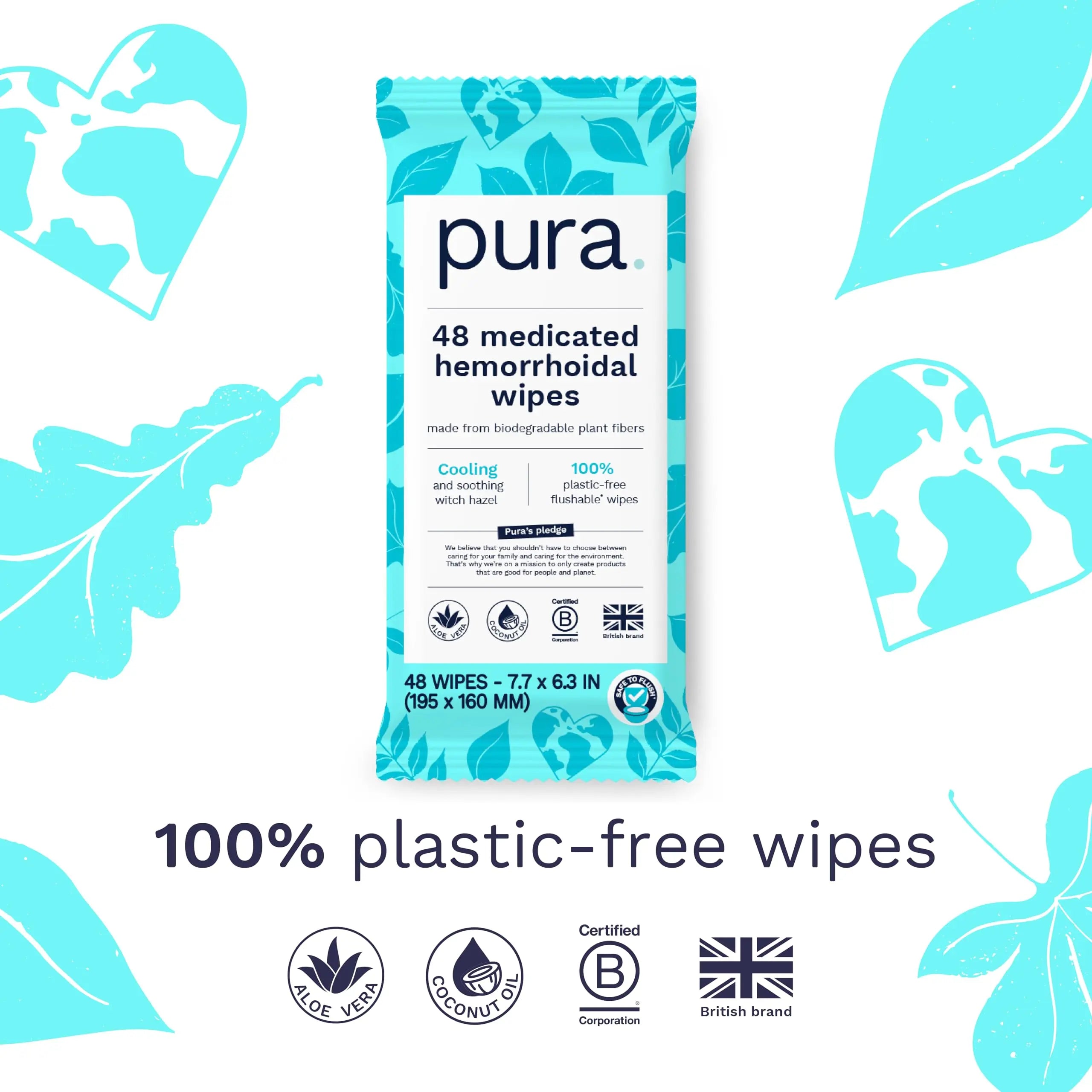 Pura Flushable Hemorrhoid Wipes XL, 48 Count, Medicated with Cooling Witch Hazel, Aloe & Coconut Oil, Fast Relief, Fragrance-Free, 100% Plastic-Free Pura uk supplements