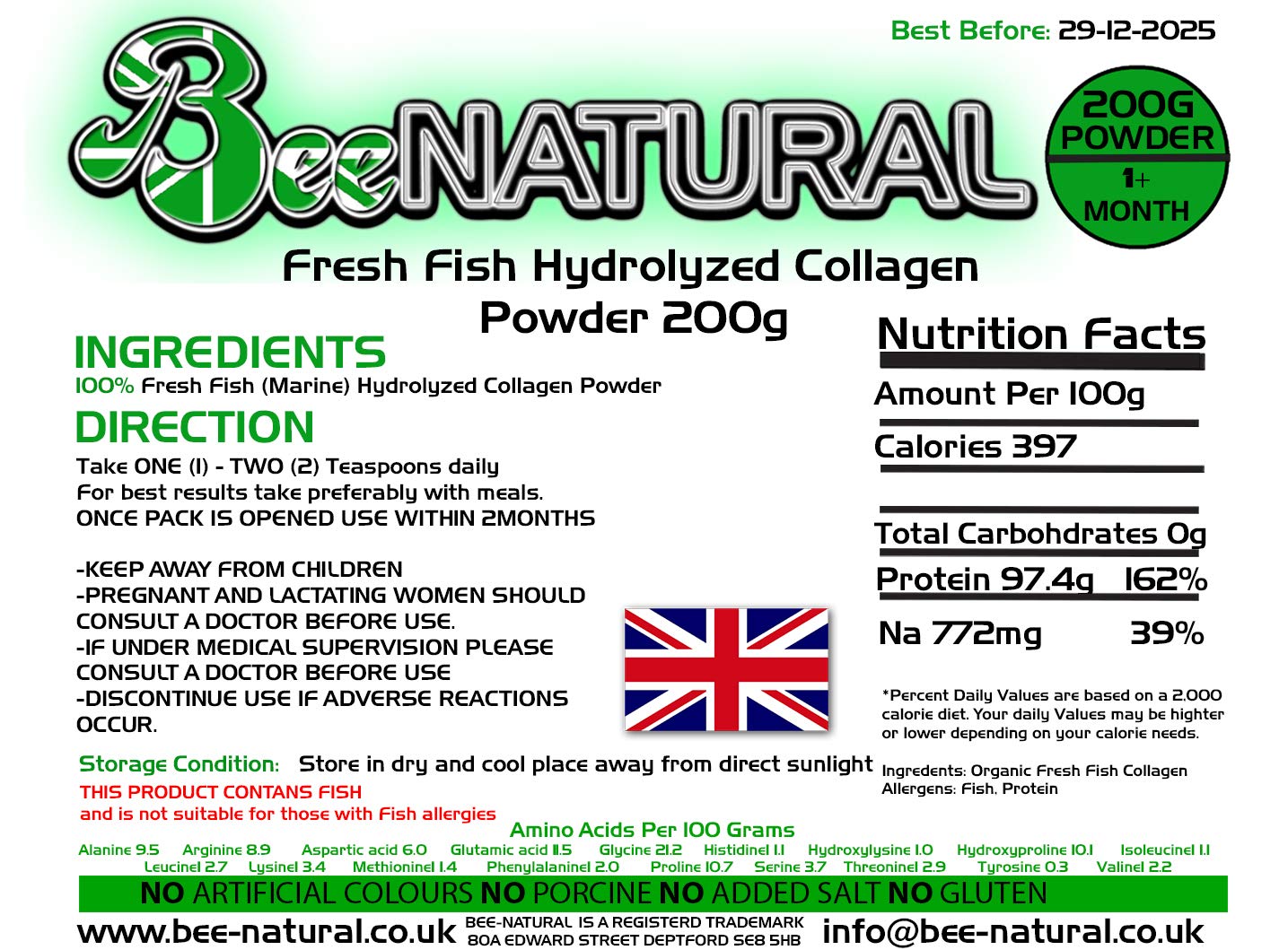 Bee-natural Hydrolyzed Marine Collagen Powder 200g Bee-natural uk supplements