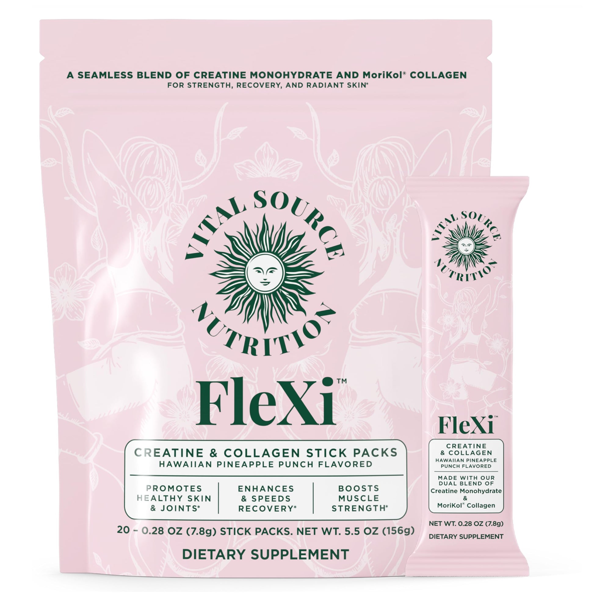 Vital Source Nutrition - Flexi - Creatine & Collagen Stick Packs - 5g Creatine Monohydrate + 1g MoriKol Collagen -Supports Strength, Recovery & Skin Health -20 Servings Vital Source Nutrition uk supplements