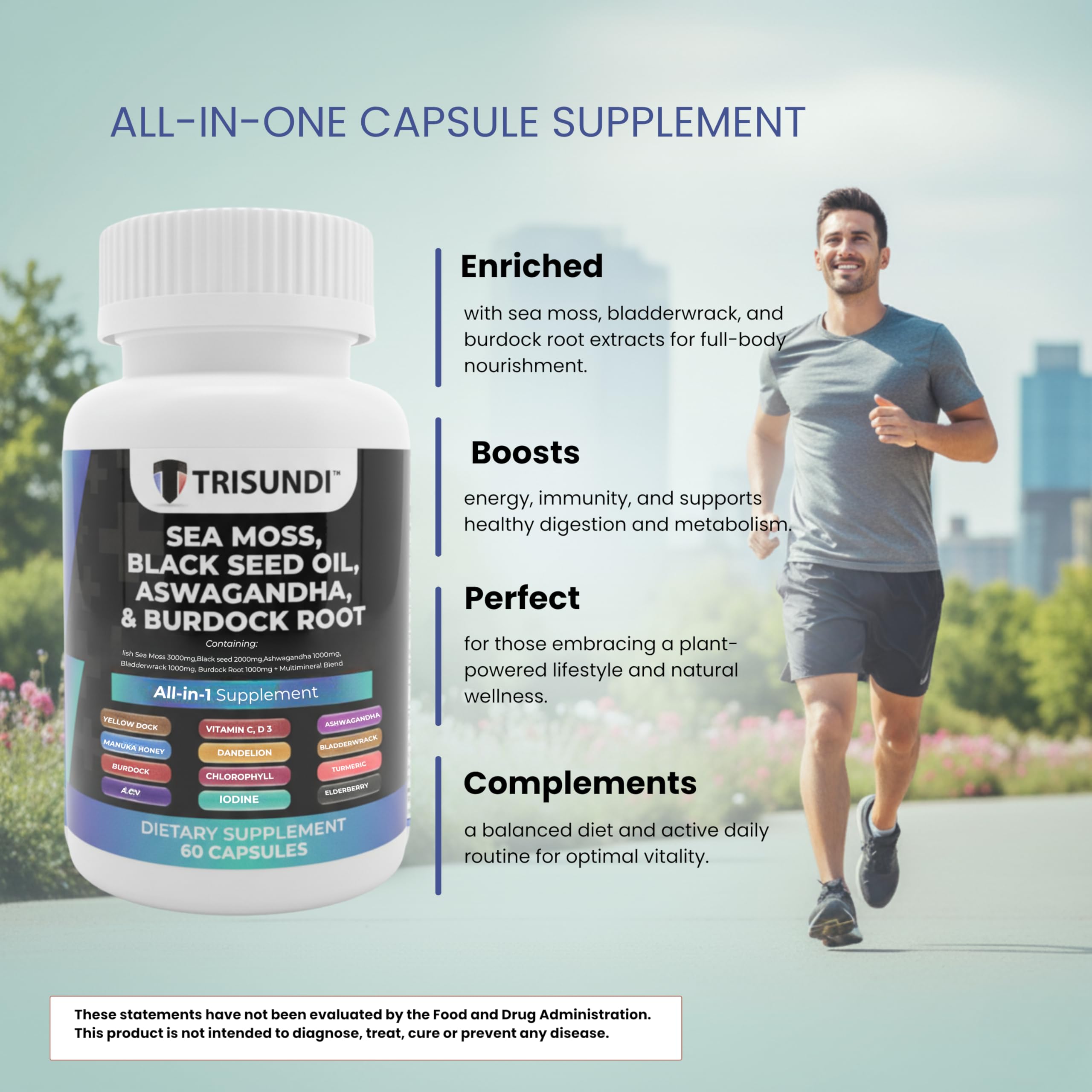 Trisundi Sea Moss Complex with Black Seed Oil, Ashwagandha & Burdock Root – All-in-One Herbal Supplement with Vitamins & Minerals – 60 Capsules Trisundi uk supplements