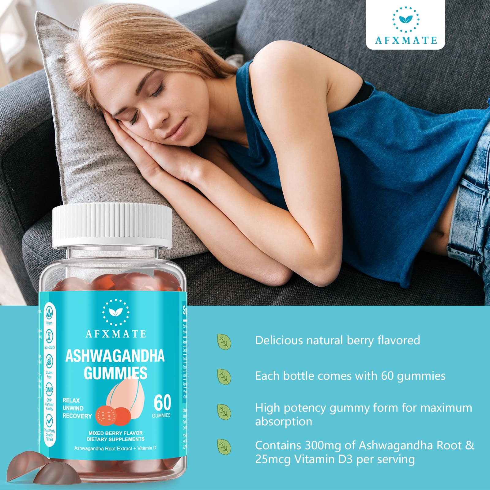 AFXMATE Ashwagandha Gummies & Vitamin D Gummies for Men & Women 120 Count Aswangdha Supplement (Non-GMO, Sugar Free & Gluten Free) AFXMATE uk supplements