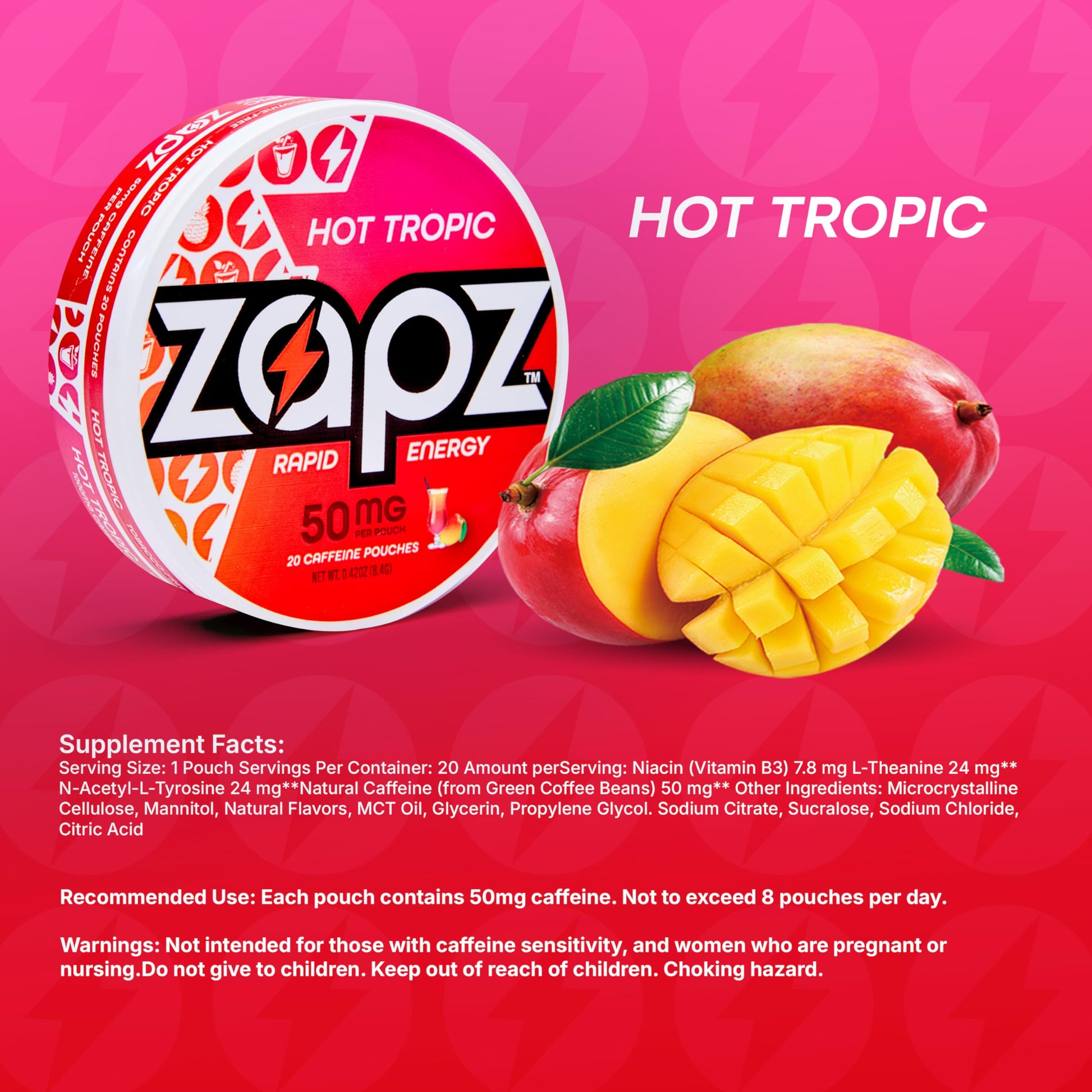 ZAPZ Caffeine Pouches, Hot Tropic, 5 Cans x 20 Count, Energy Pouches with 50mg Caffeine, Nootropic Focus Support, Niacin, L-Theanine, L-Tyrosine, Sugar Free, No Coffee Grinds ZAPZ uk supplements