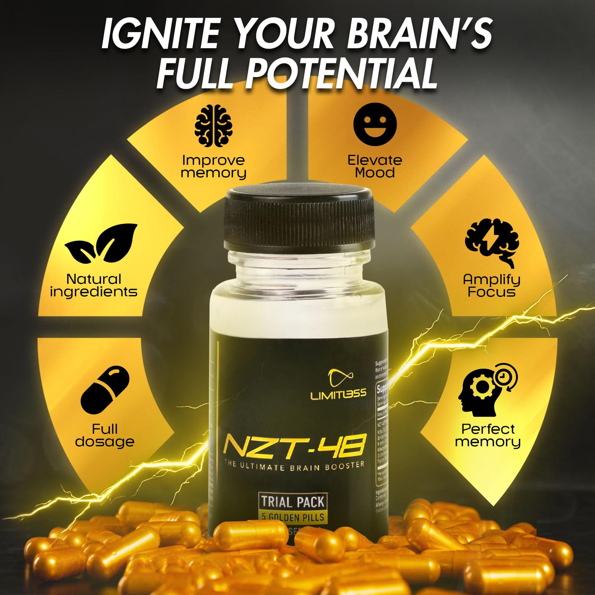 Nootropic Premium Brain Booster - Brain Supplement for Memory + Focus + Natural Energy - Caffeinated, Phosphatidylserine, Vitamins B6 B12-5ct Capsules - Travel Pack NZT-48 uk supplements