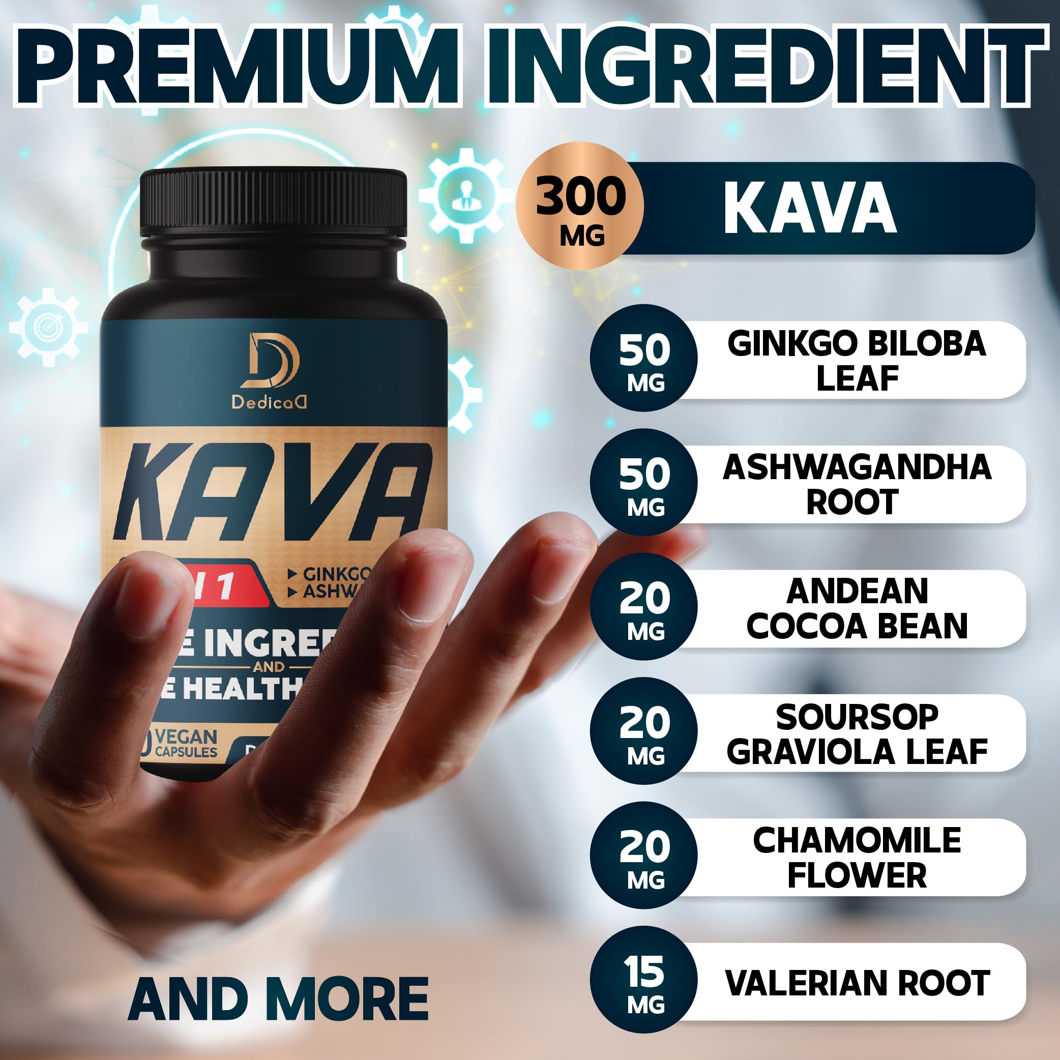 DEDICAD Kava Kava Capsules - 3 Month Supply - 9 Herbs with Ginkgo Biloba, Ashwagandha Root, Andean Cocoa, Graviola Leaf, Chamomile, Valerian, Lemon Balm & Skullcap - Support Mood & Immune - 90 Pills DEDICAD uk supplements
