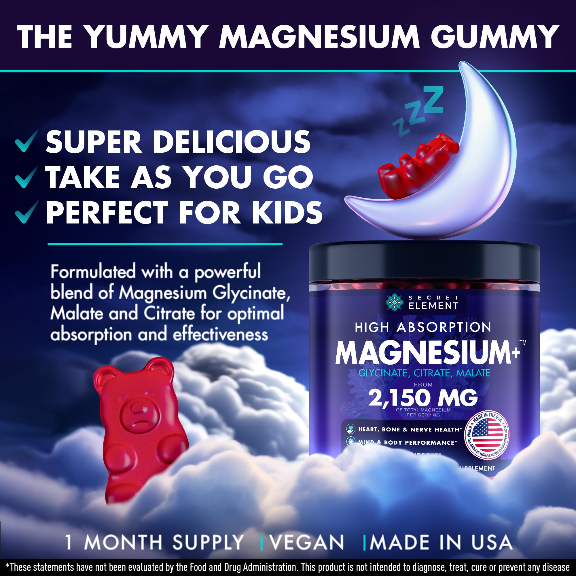 Magnesium Glycinate 2150 MG Gummies, High Absorption Magnesium Glycinate, Citrate & Malate, Sugar-Free, Vegan, Chews for Men & Women, 60 Gummies, Cherry Flavor– 60 Wild Cherry Flavor Chews Secret Element uk supplements
