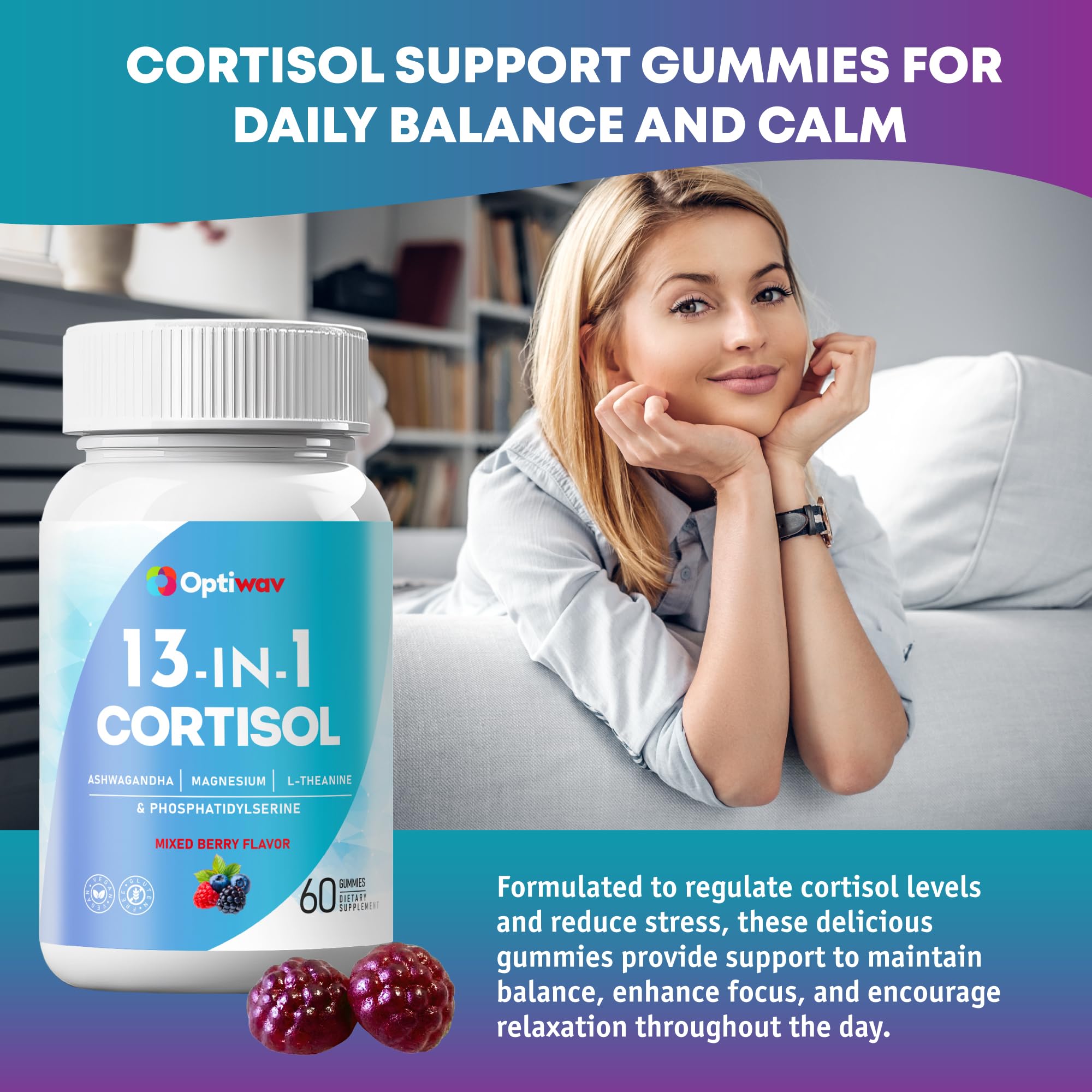 Optiwav Cortisol Reducer Gummies for Women Men - 13-in-1 Daily Cortisol Detox Manager Supports Stress Mood Balance Focus & Health Balance - Reduce High Cortisol with Ashwagandha Magnesium L-Theanine Optiwav uk supplements